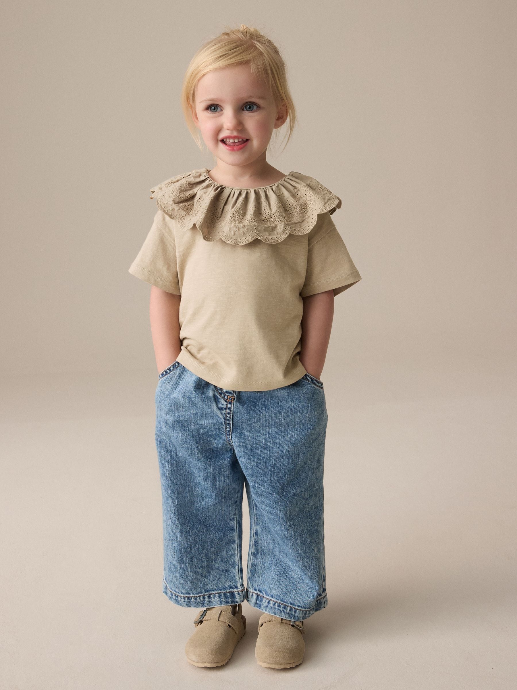 Brown Short Sleeve Broderie Collar 100% Cotton Top (3mths-7yrs)