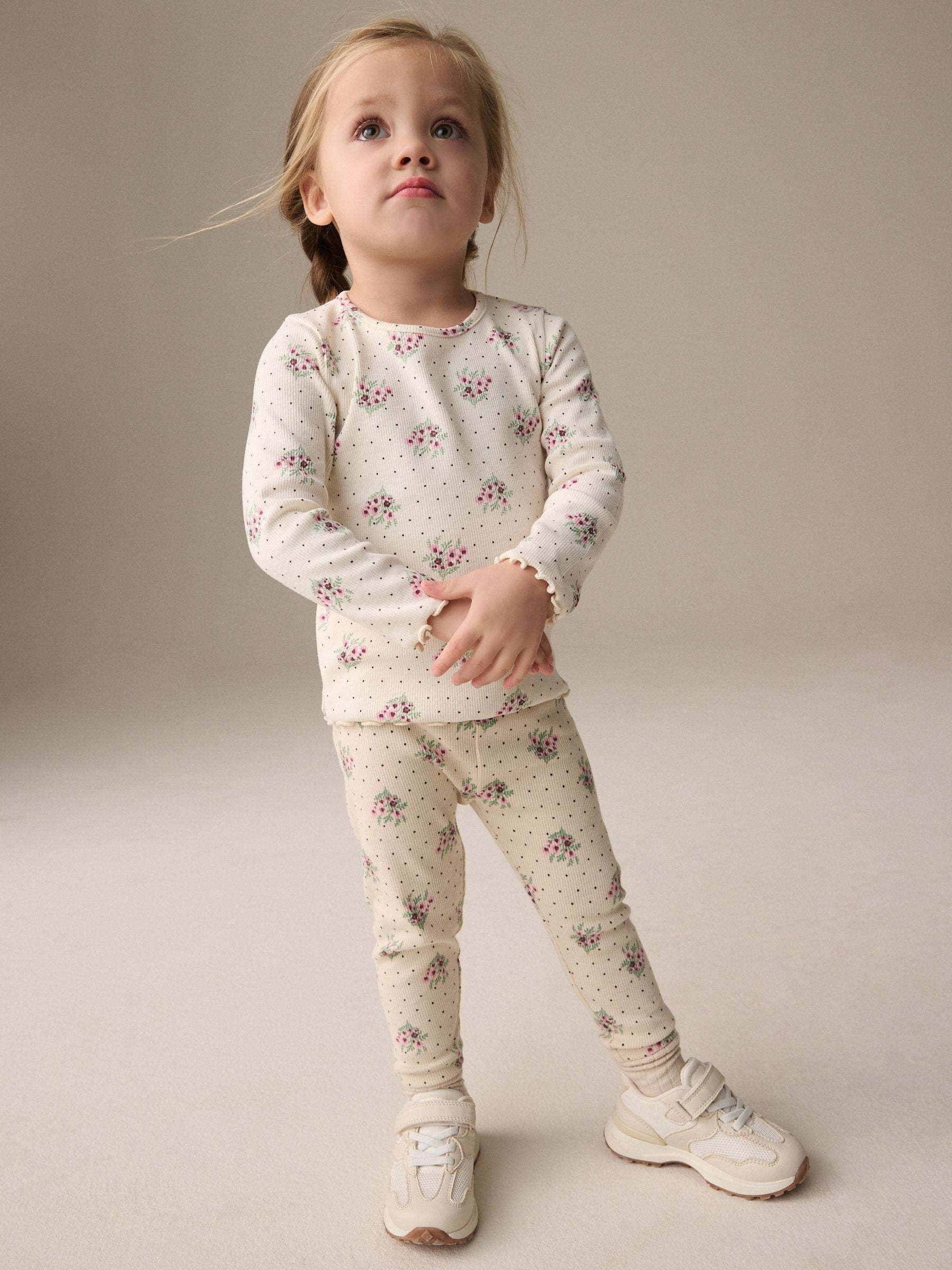 Cream Ditsy Floral Rib Leggings (3mths-7yrs)