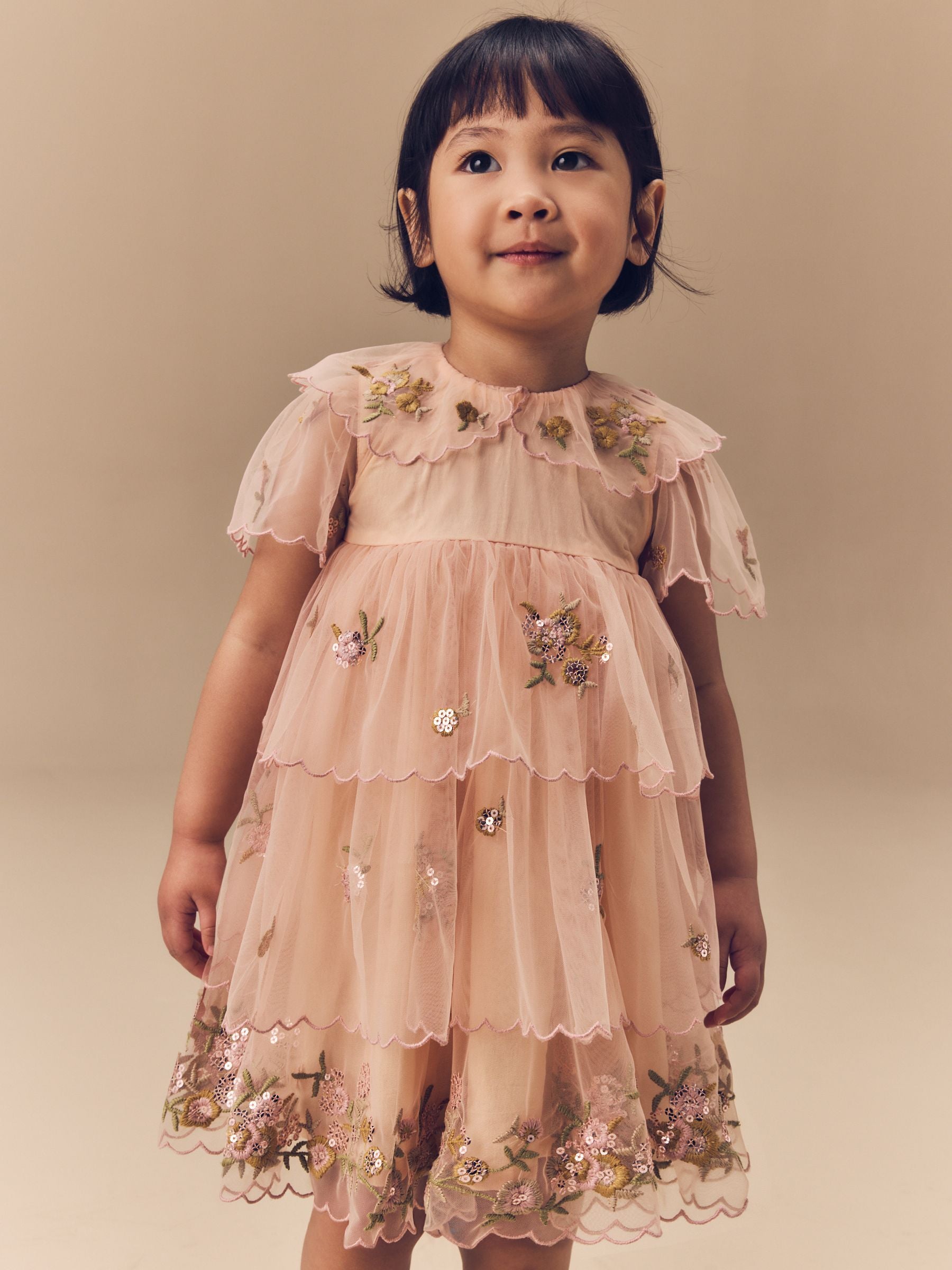 Peach Pink Short Sleeve Mesh Embellished Dress (3mths-7yrs)