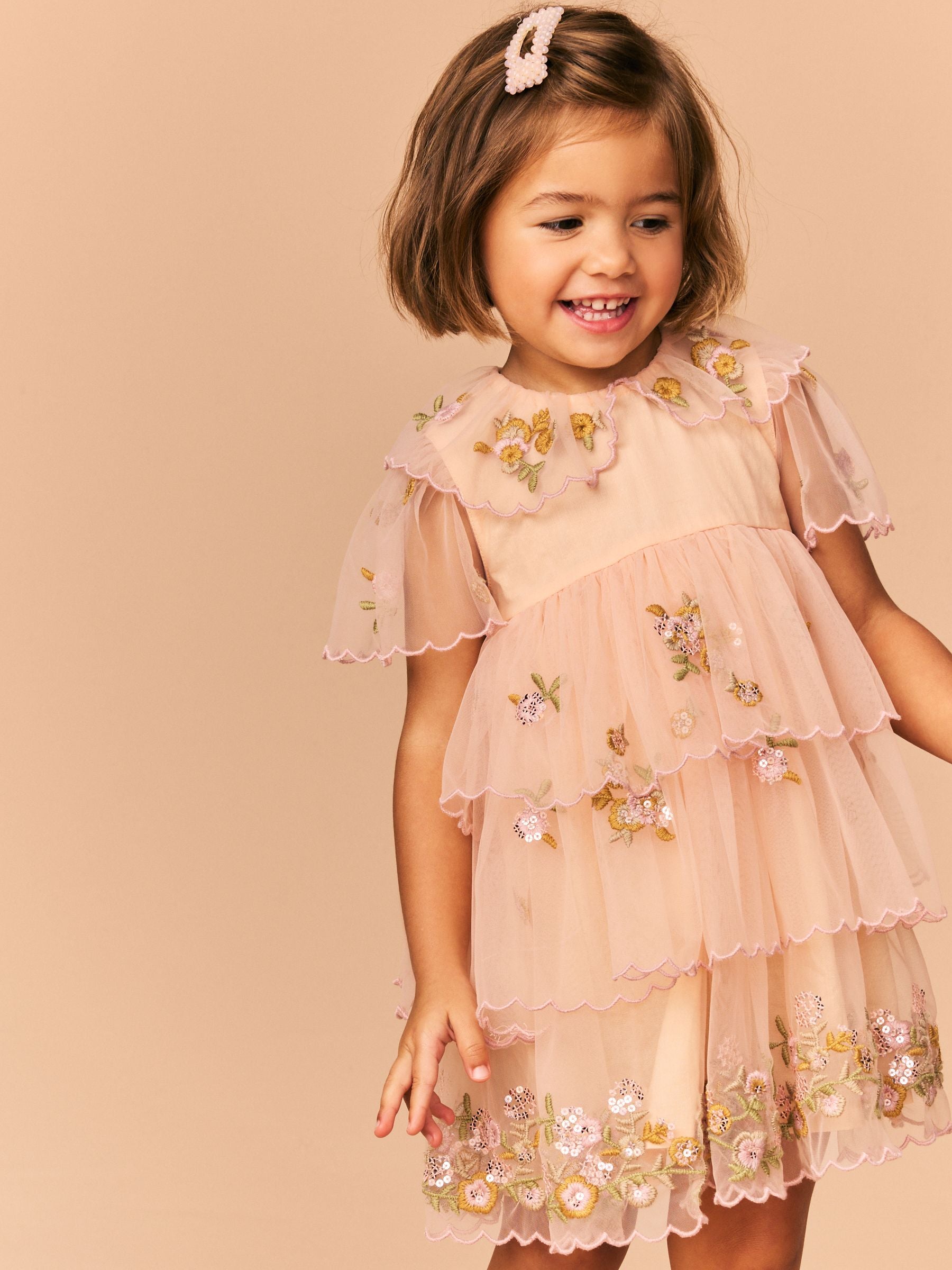 Peach Pink Short Sleeve Mesh Embellished Dress (3mths-7yrs)