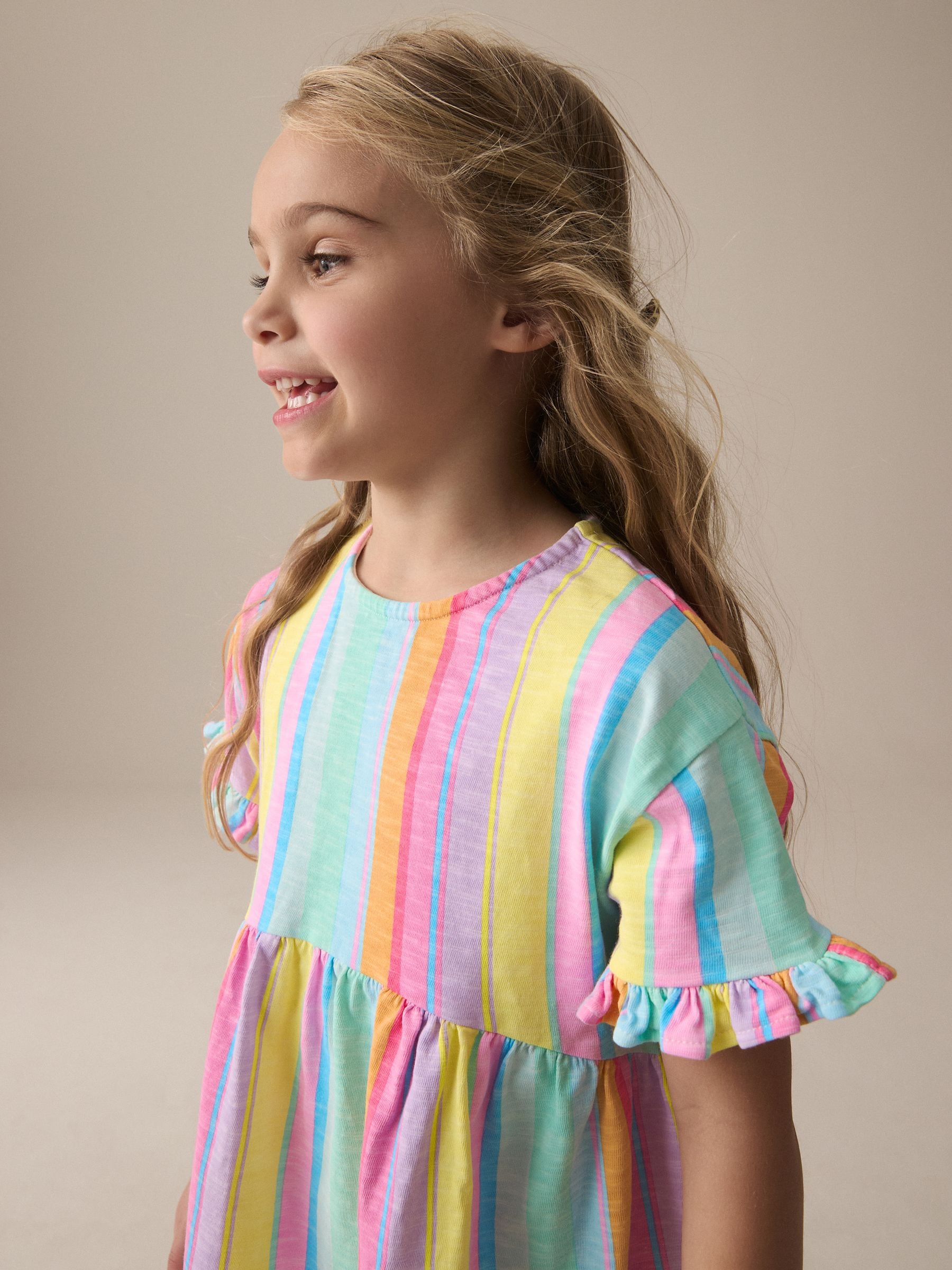 Rainbow Stripe Short Sleeve Jersey Summer Dress (3-16yrs)
