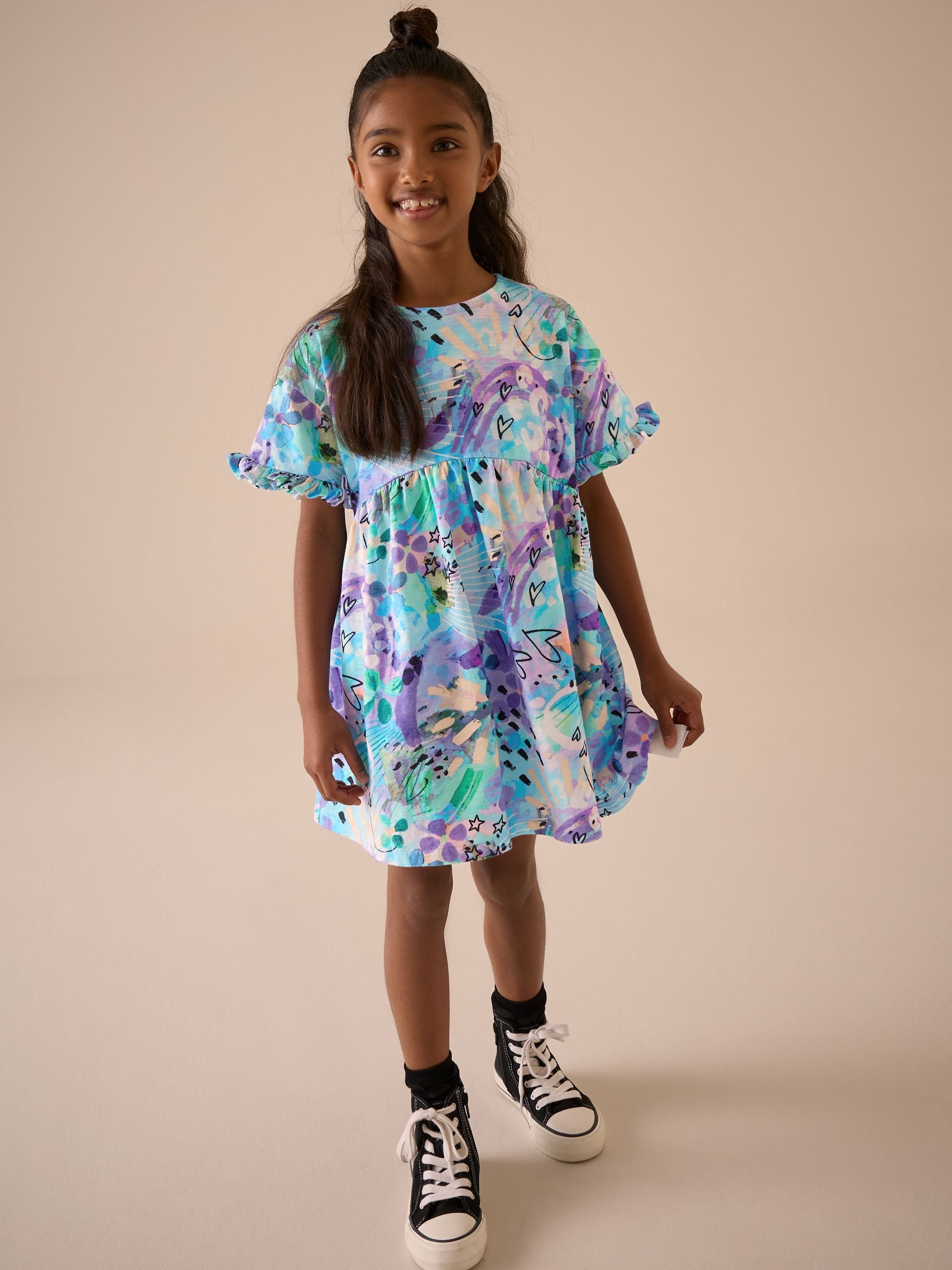 Blue Graffiti Print Short Sleeve Jersey Summer Dress (3-16yrs)
