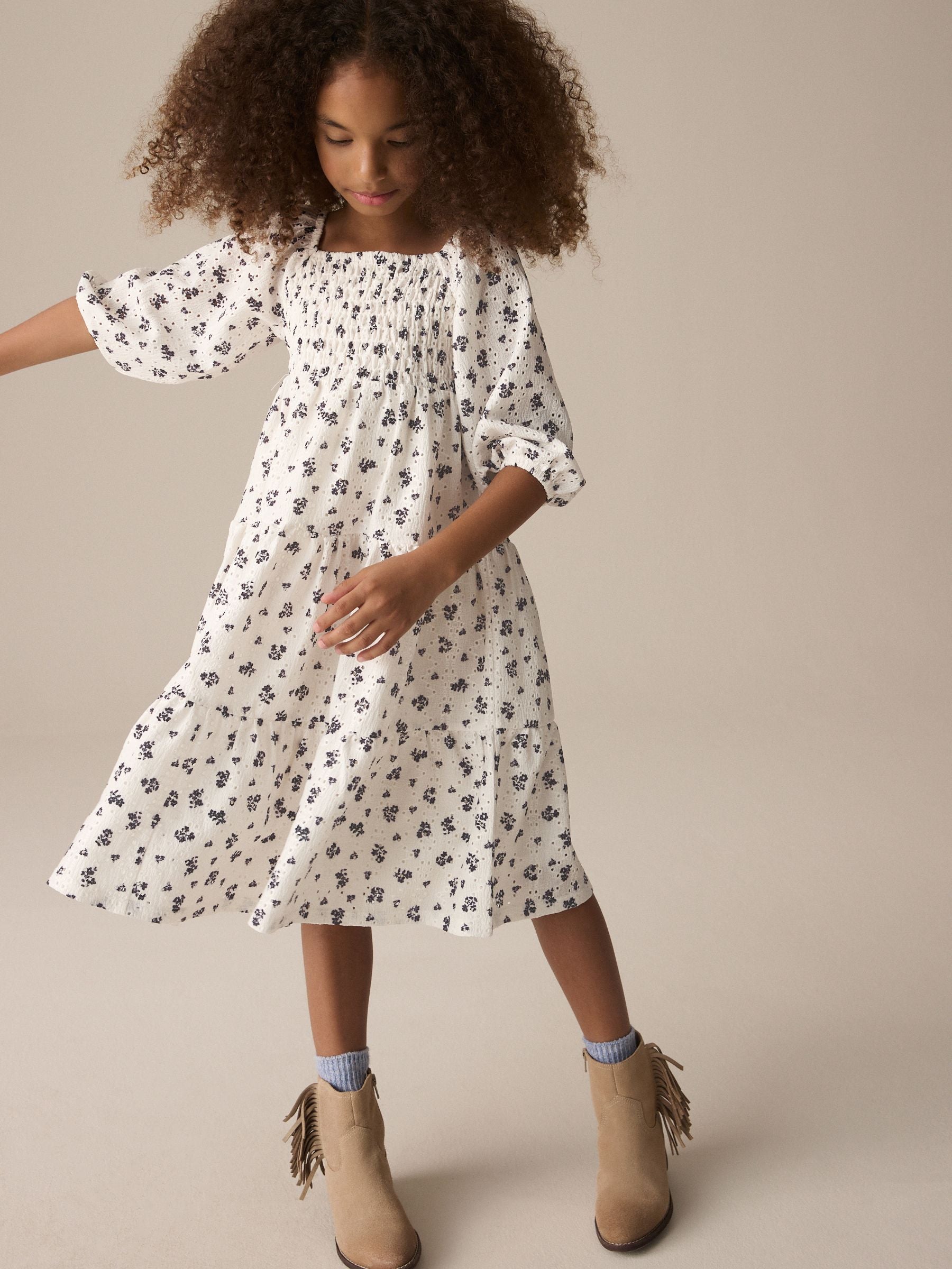 Ecru Ditsy Flower Tiered Broderie Summer Dress (3-16yrs)