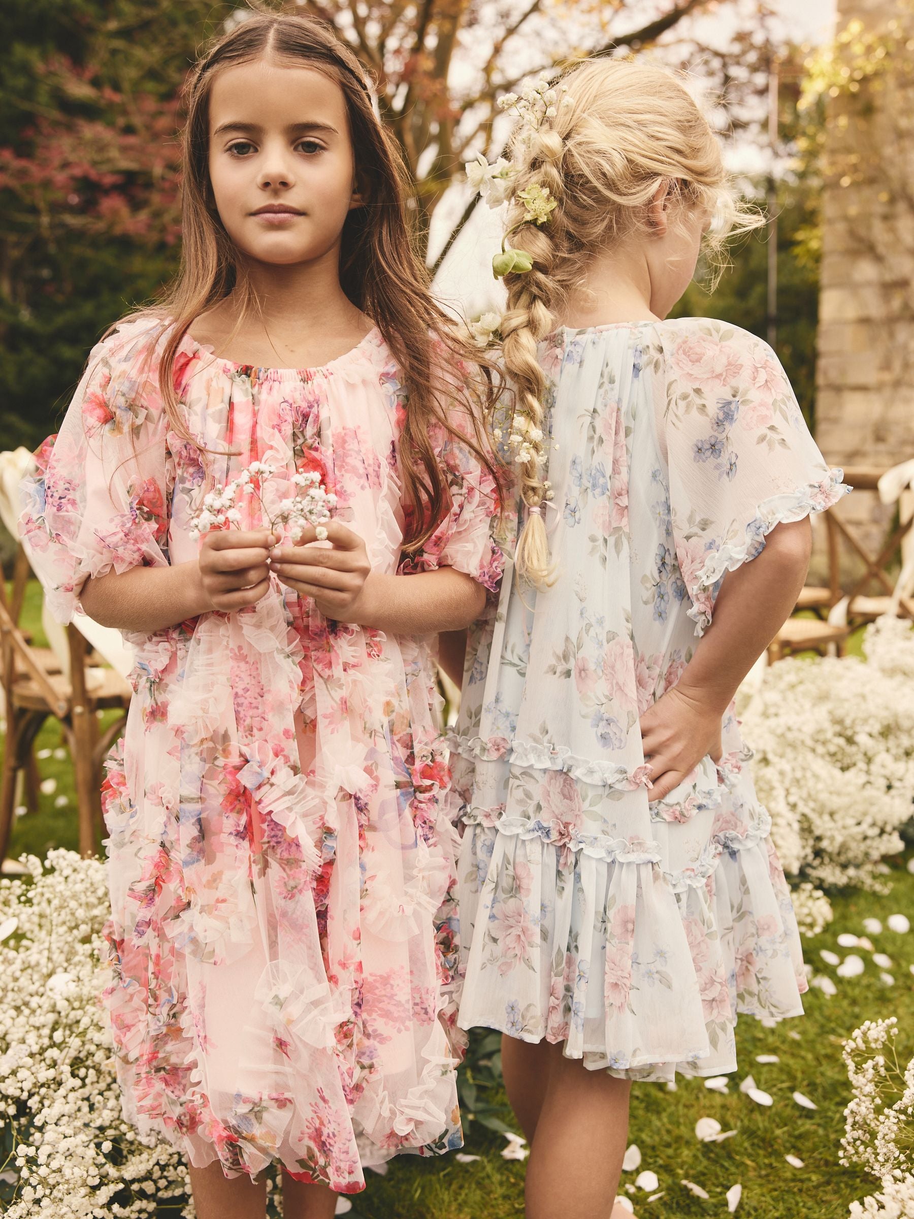 Pink Floral Print Ruffle Mesh Occasion Dress (3-16yrs)