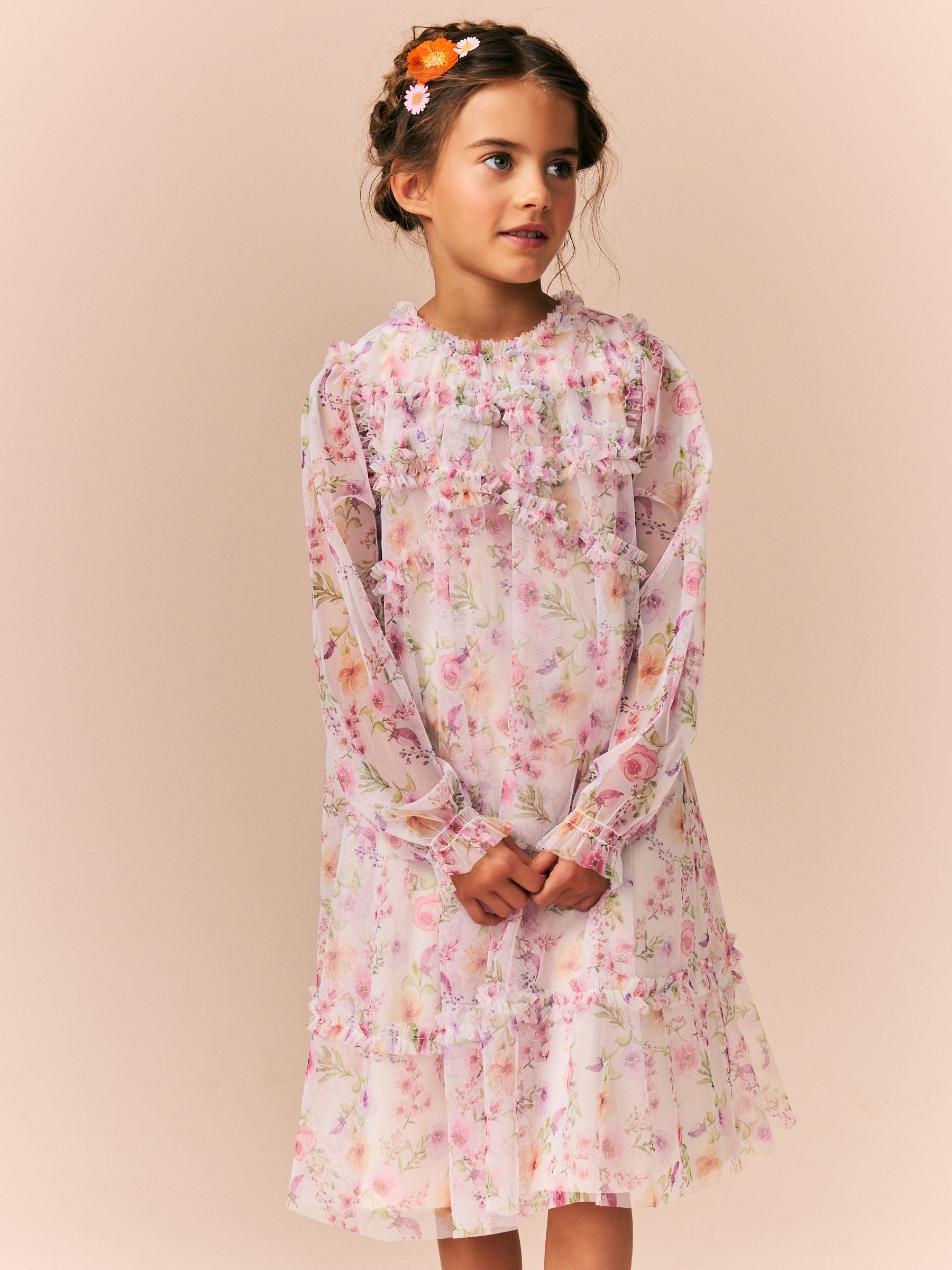Pink Floral Long Sleeve Mesh Ruffle Occasion Dress (3-16yrs)