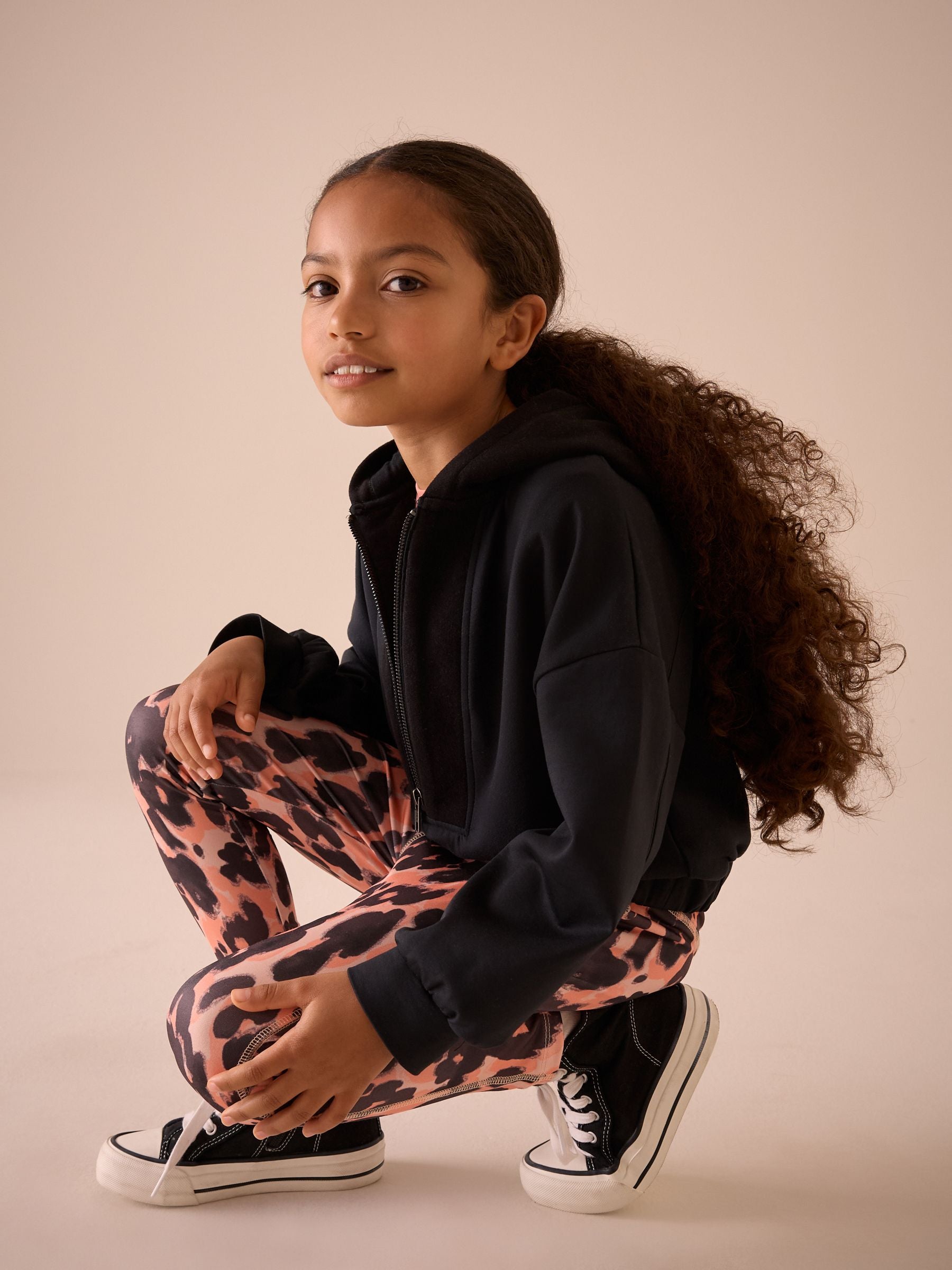 Black Half Zip Hoodie And Animal Sports Leggings Set (3-16yrs)