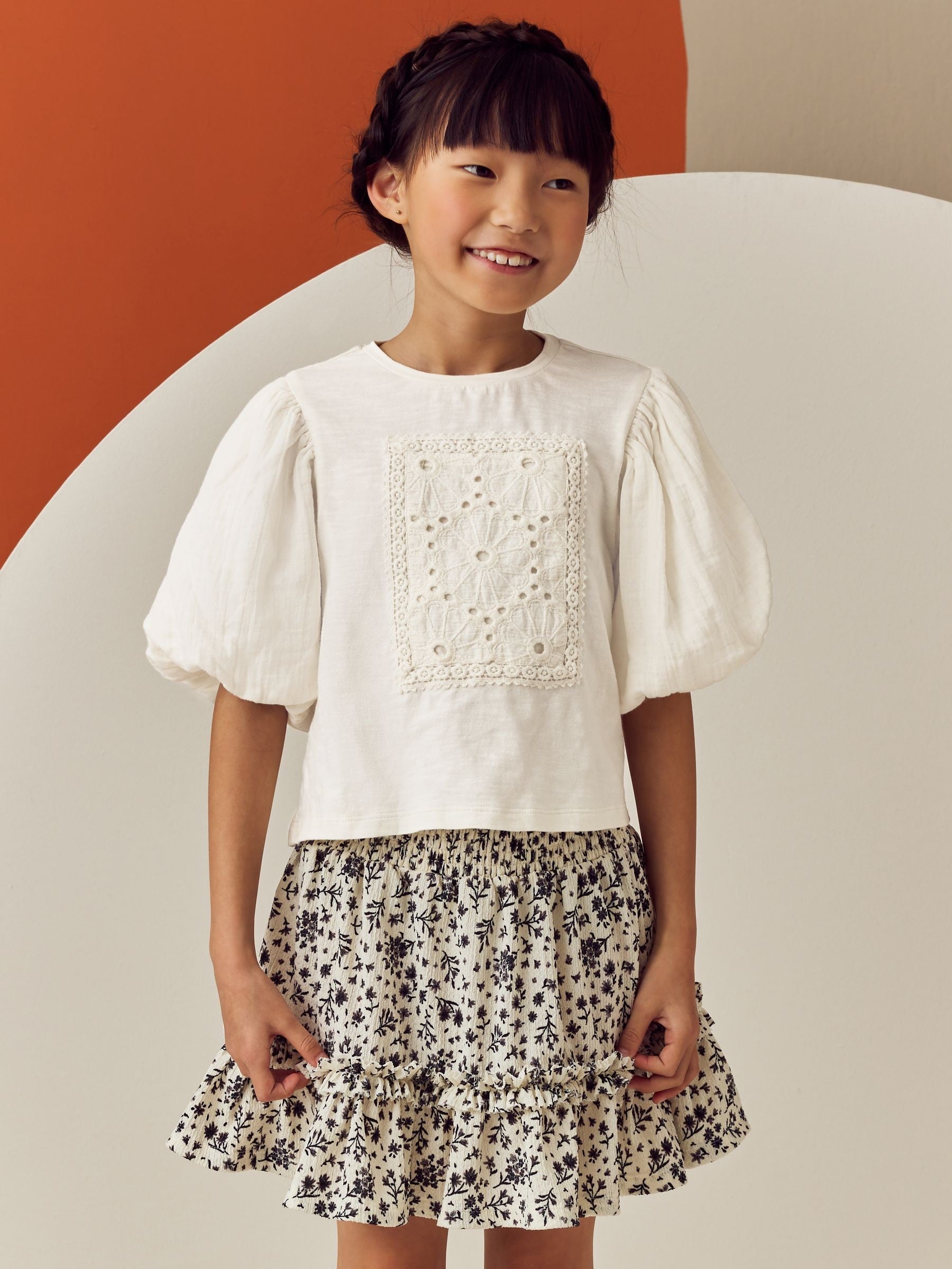 Ecru 100% Cotton Puff Sleeve Crochet T-Shirt (3-16yrs)