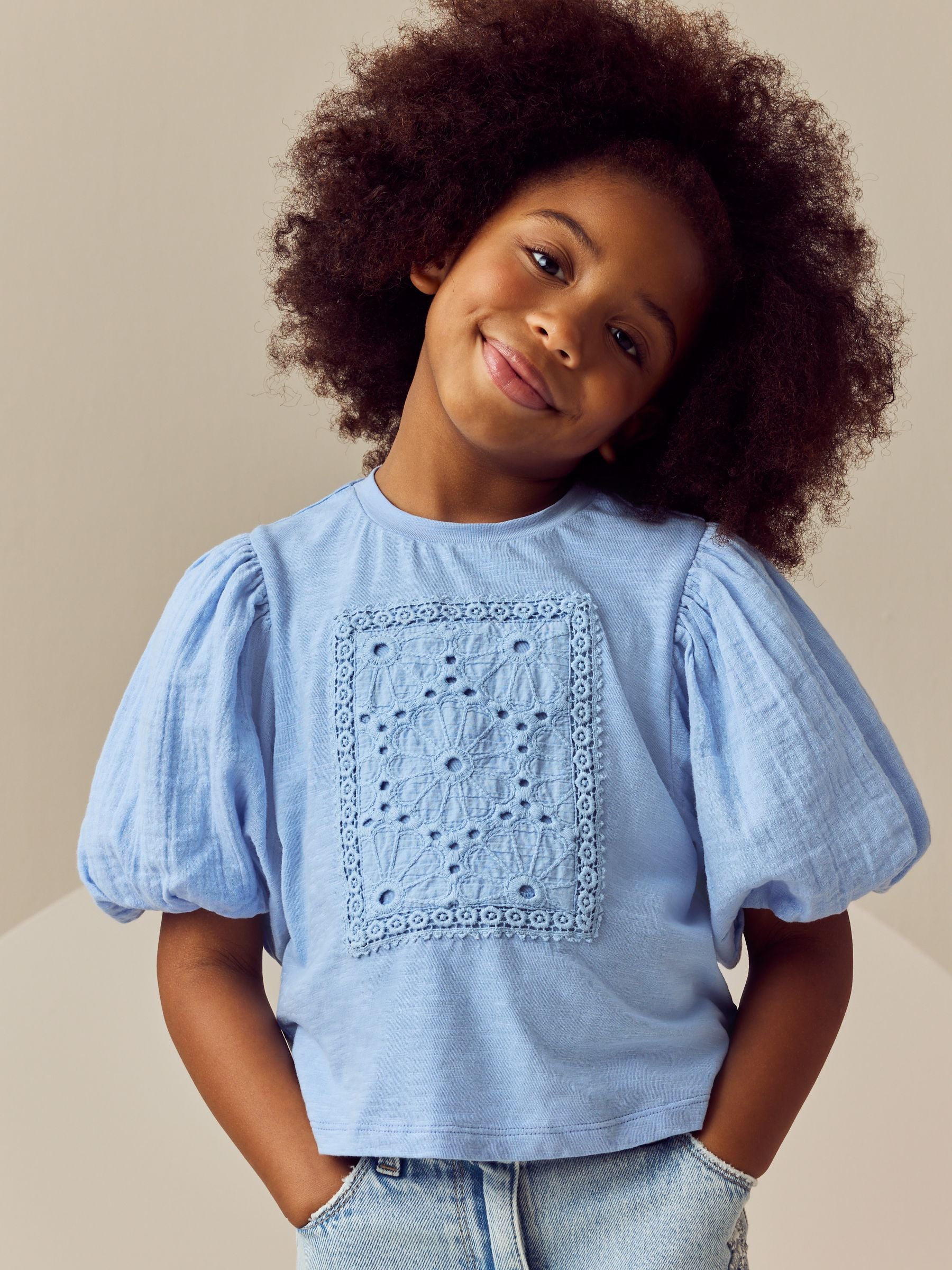 Blue 100% Cotton Puff Sleeve Crochet T-Shirt (3-16yrs)