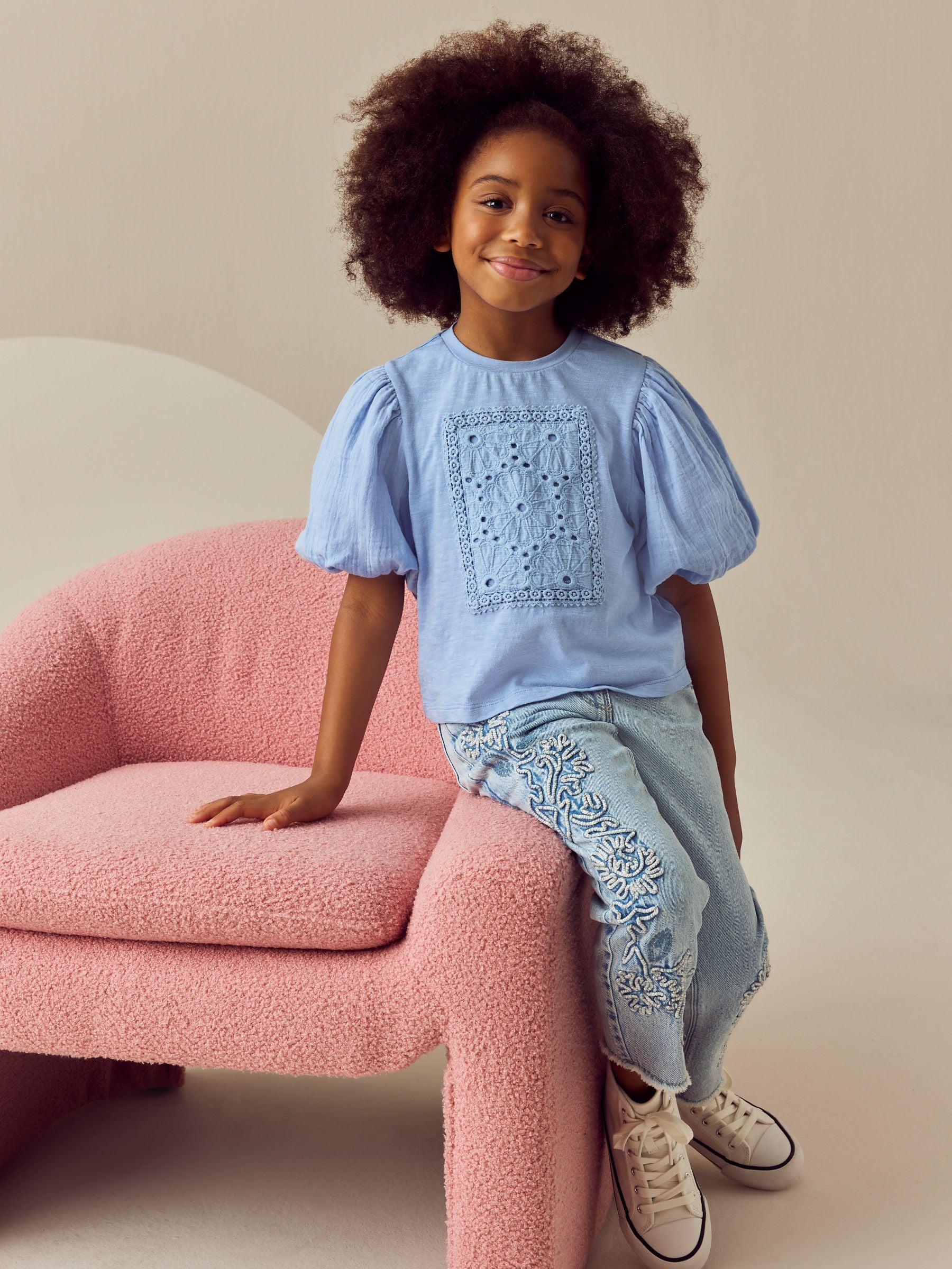 Blue 100% Cotton Puff Sleeve Crochet T-Shirt (3-16yrs)