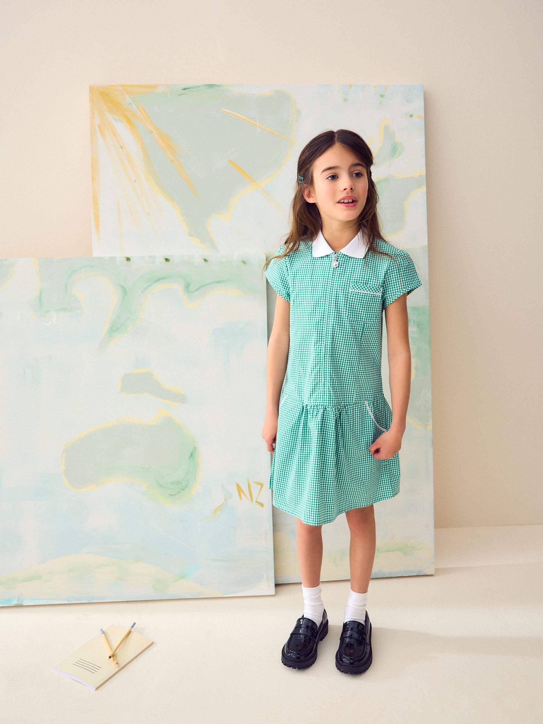 Green Zip Front Cotton Rich Gingham School Dress (3-14yrs)