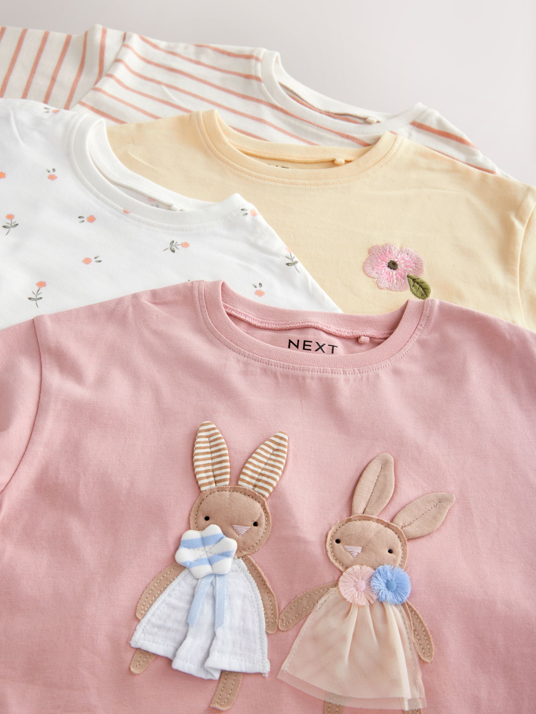 Pink/White 4 Pack Bunny Embroidered Long Sleeve T-Shirts (3mths-7yrs)