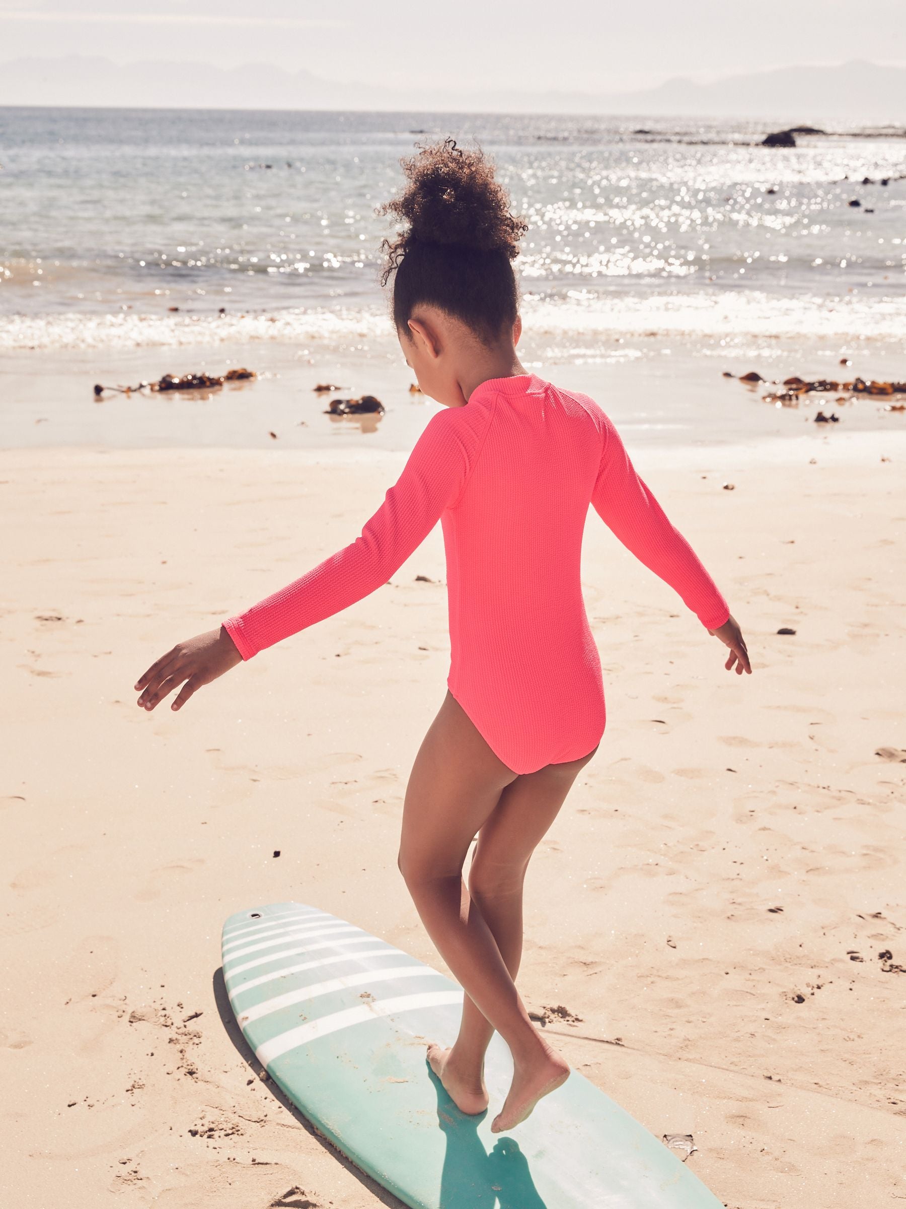 Bright Pink Long Sleeve Textured Swimsuit (3-16yrs)