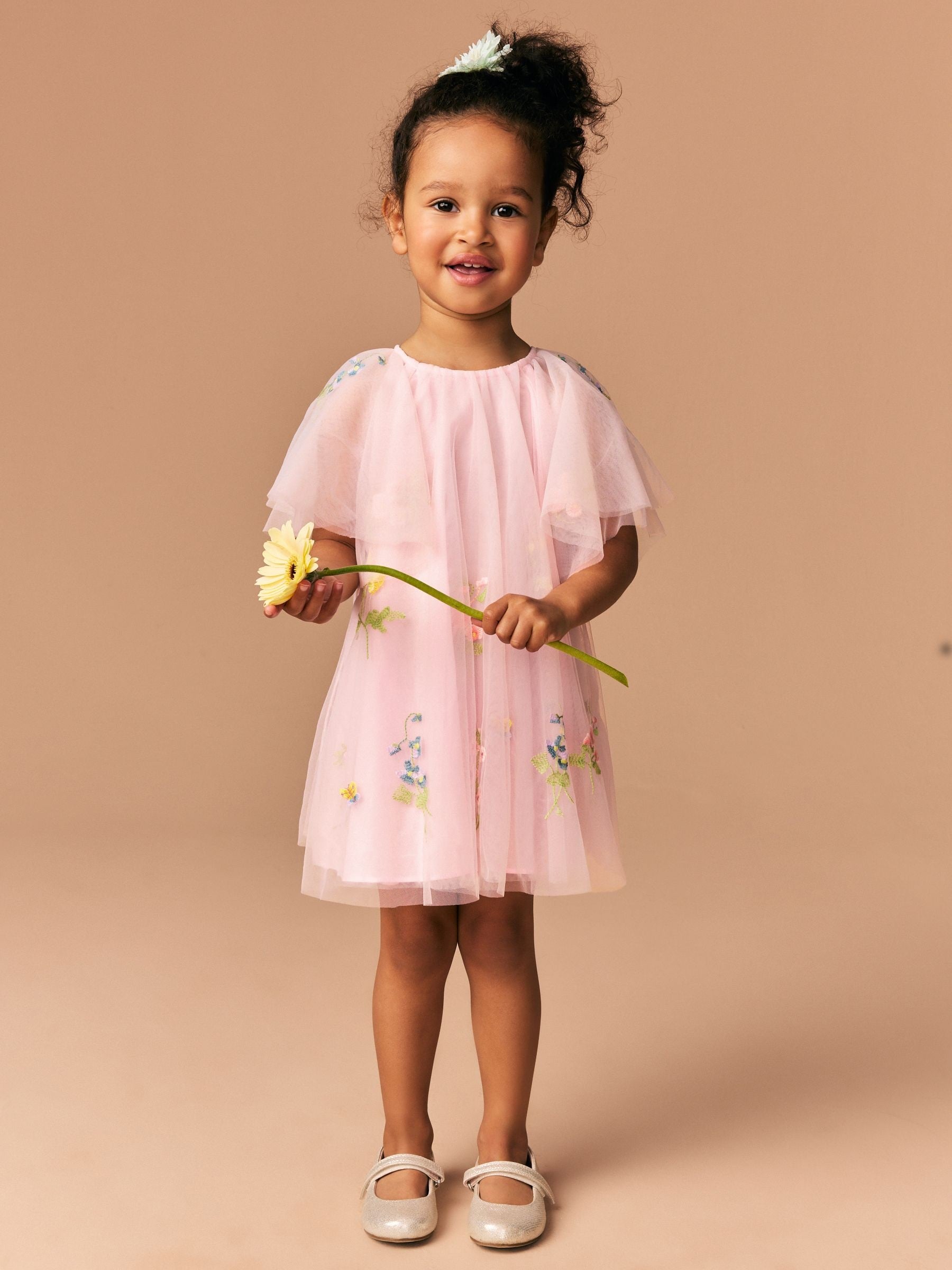 Pink Angel Sleeve Embroidered Mesh Dress (3mths-8yrs)