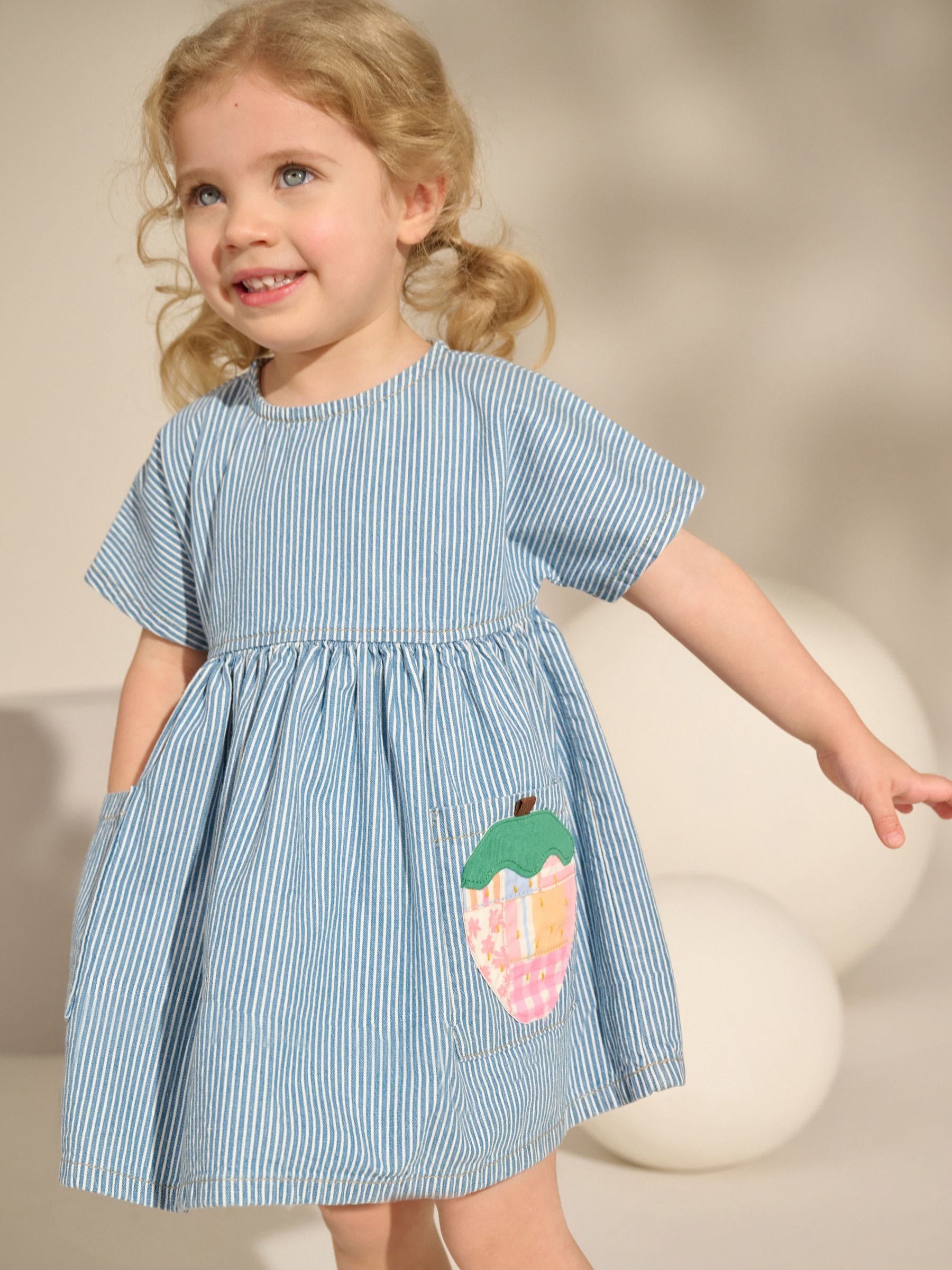 Blue/White Stripe Denim Strawberry Pocket Summer Dress (3mths-8yrs)
