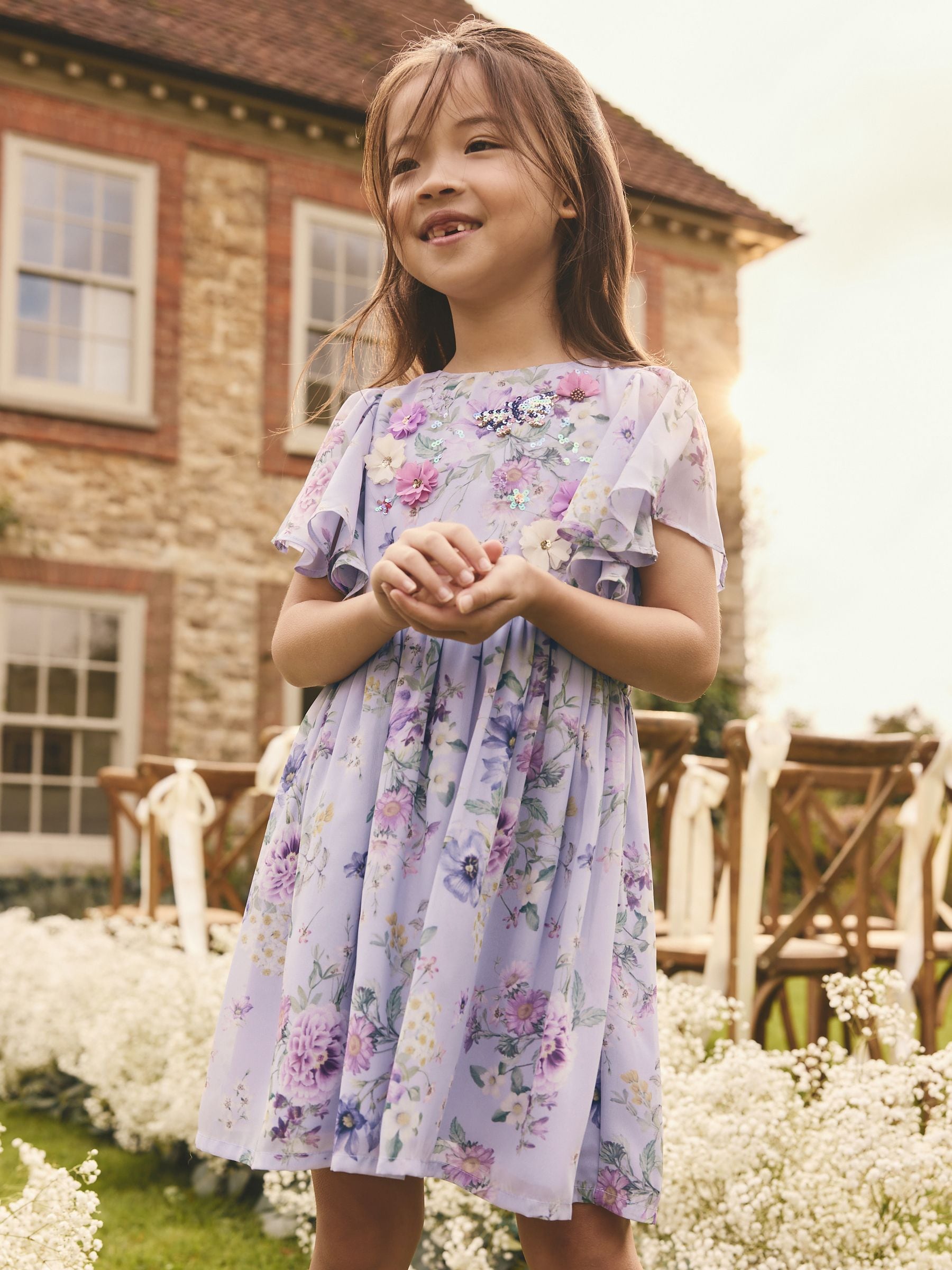 Lilac Purple Angel Sleeve Embellished Dress (3-16yrs)