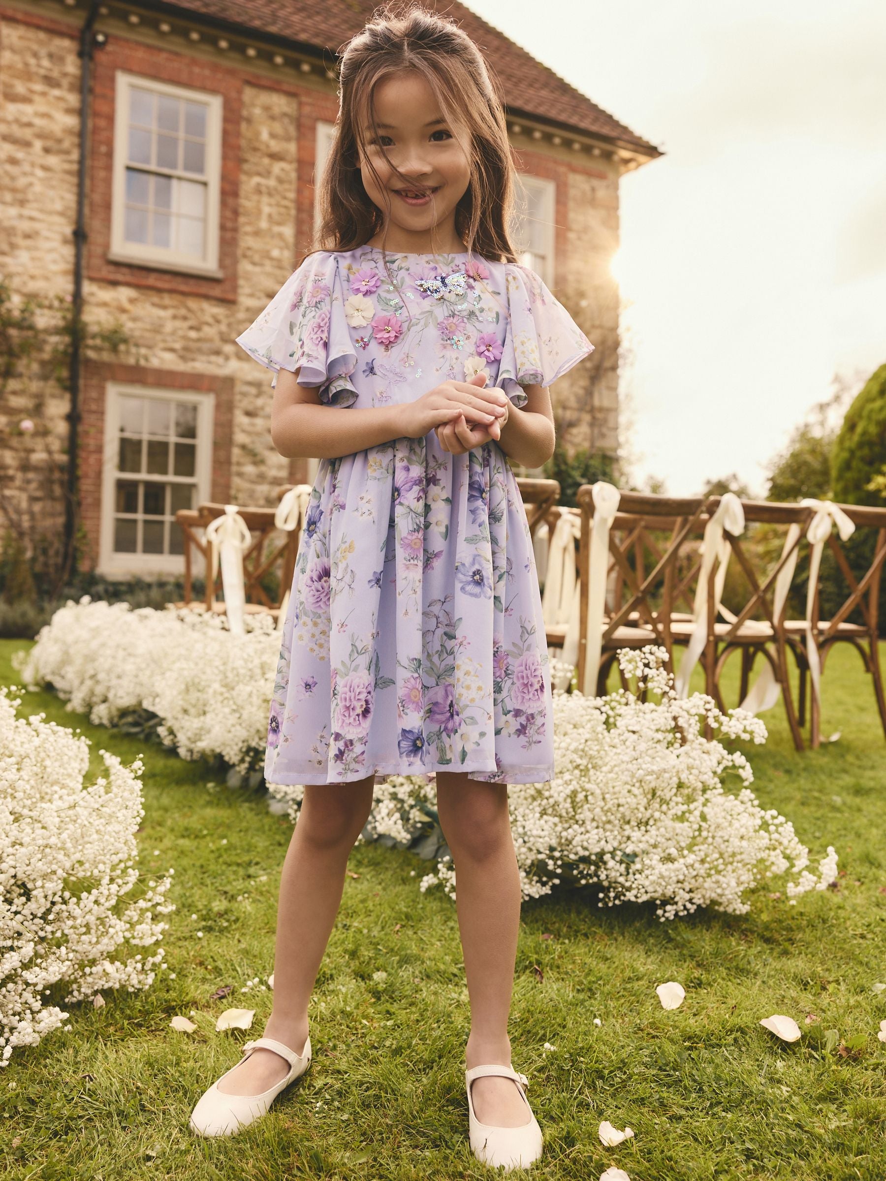 Lilac Purple Angel Sleeve Embellished Dress (3-16yrs)