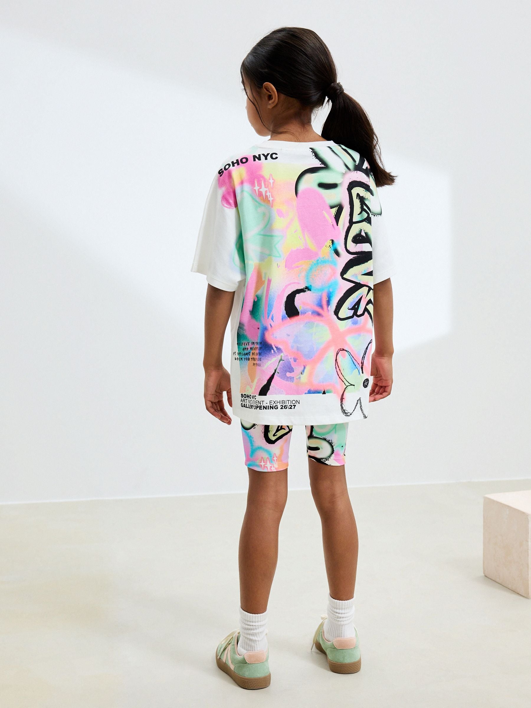 White Graffiti Oversized T-Shirt Cycle Top and Shorts Set (3-16yrs)