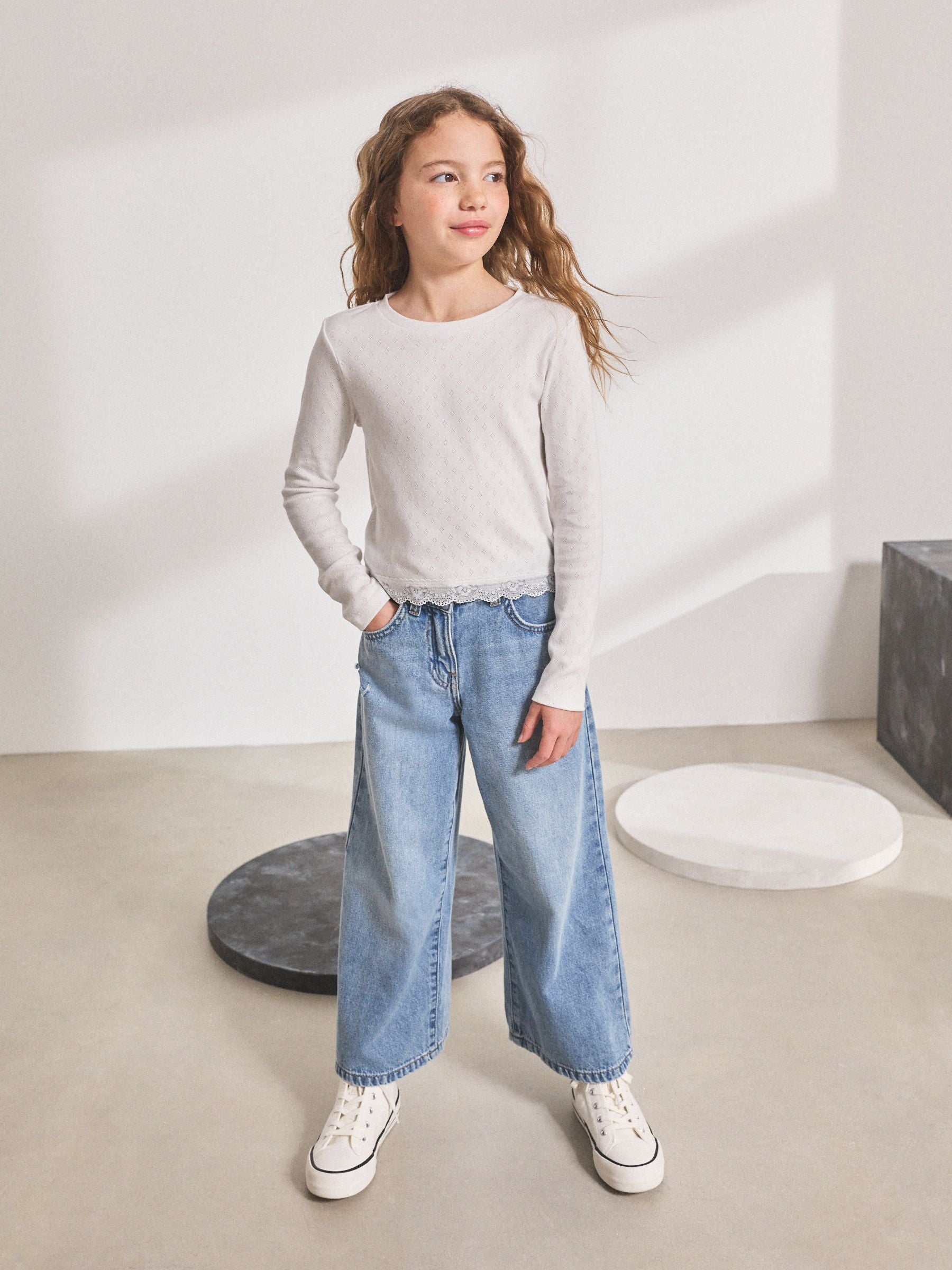 White Pointelle Lace Trim Long Sleeve Rib Top (3-16yrs)