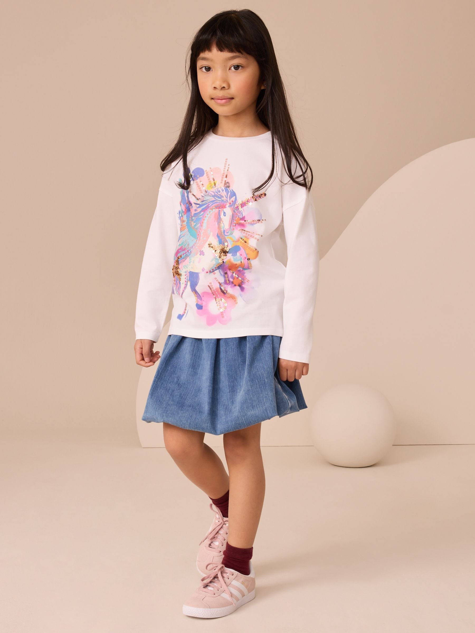 White Unicorn Print Long Sleeve Sequin Top (3-16yrs)