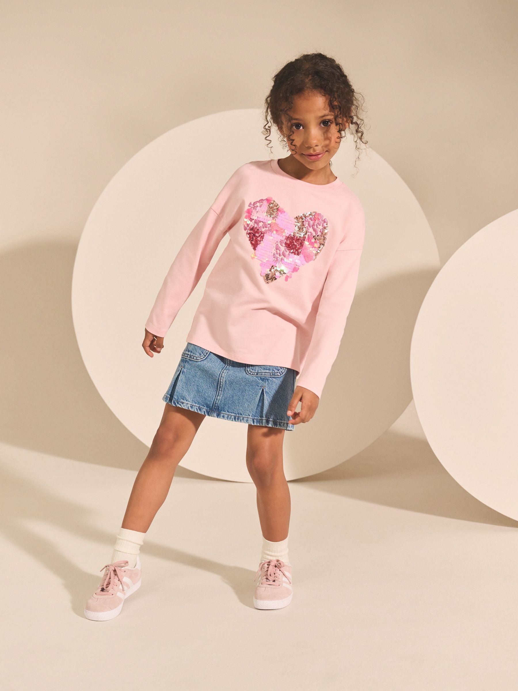 Pink Heart Long Sleeve Sequin Top (3-16yrs)