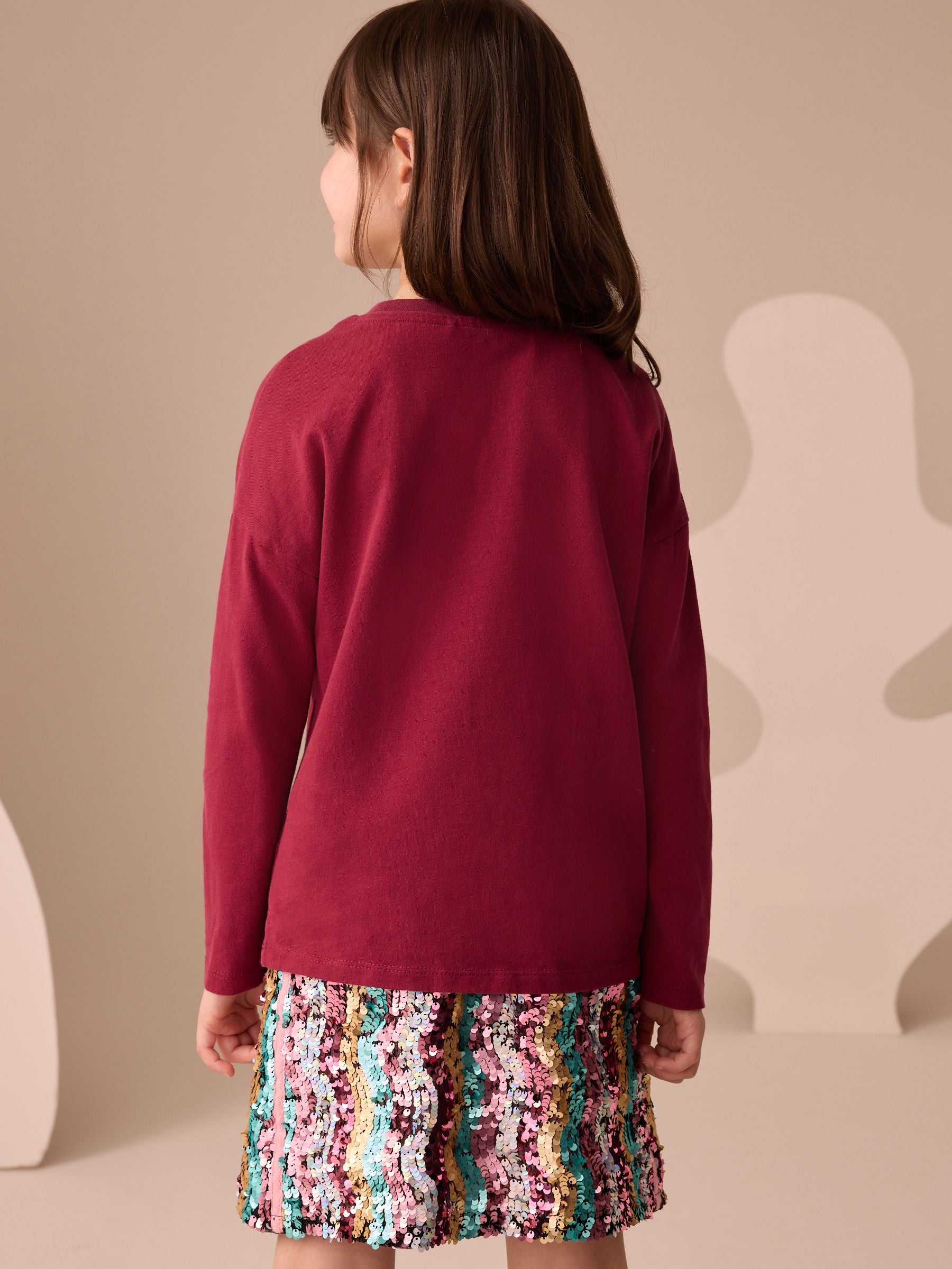 Burgundy Red Heart Long Sleeve Sequin Top (3-16yrs)