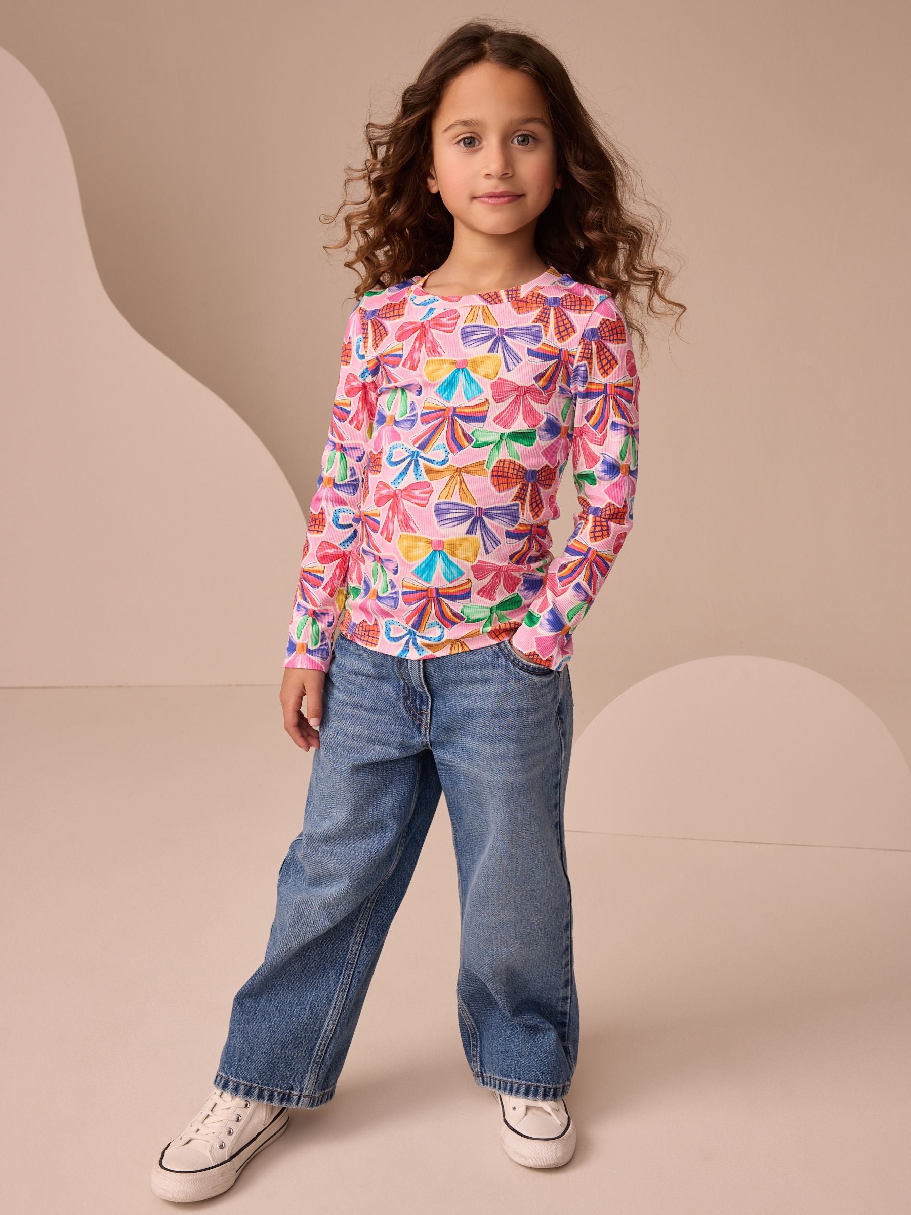 Pink Bows Long Sleeve Ribbed Top (3-16yrs)