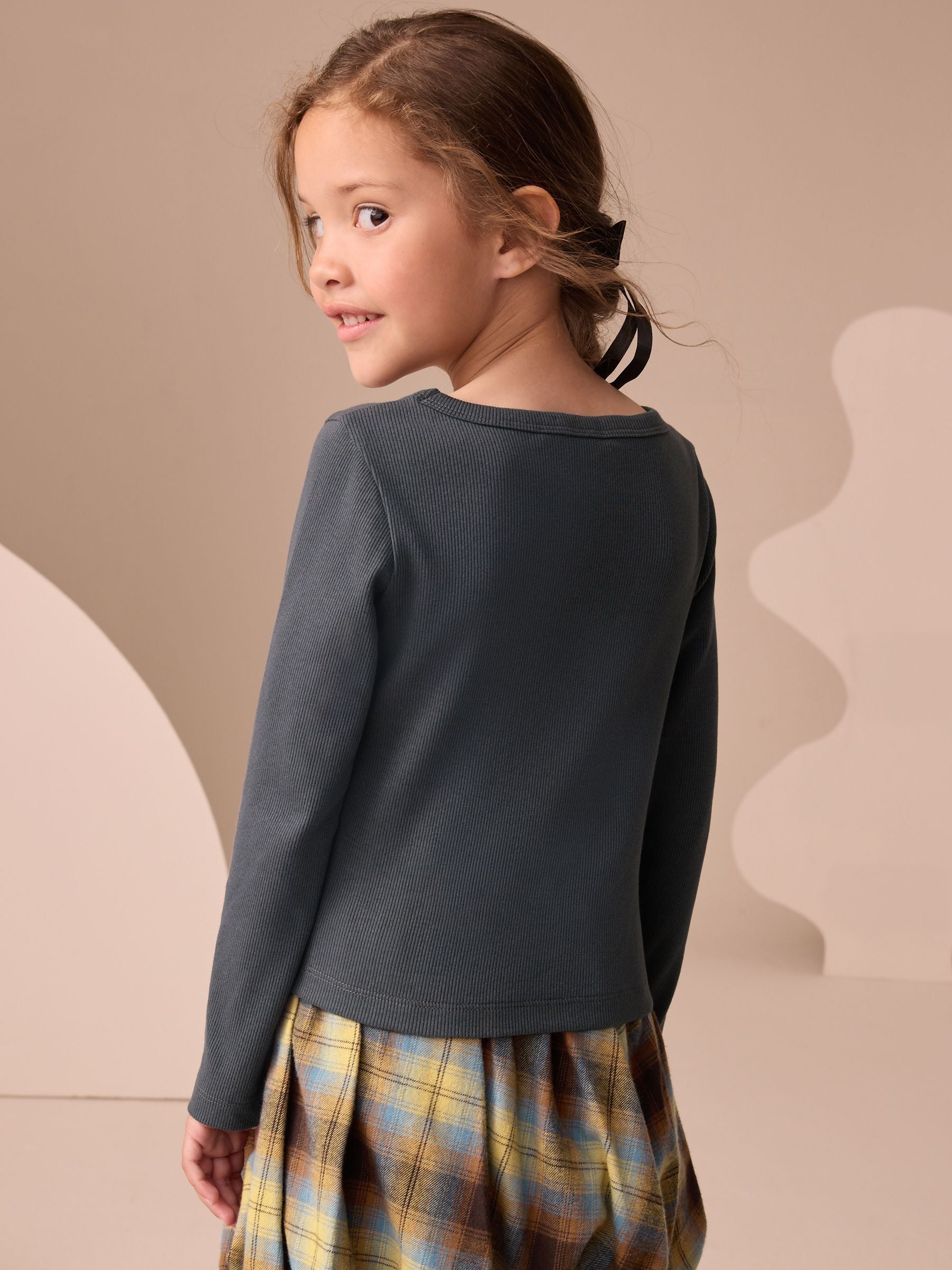 Charcoal Grey Long Sleeve Scoop Neck Rib T-Shirt (3-16yrs)