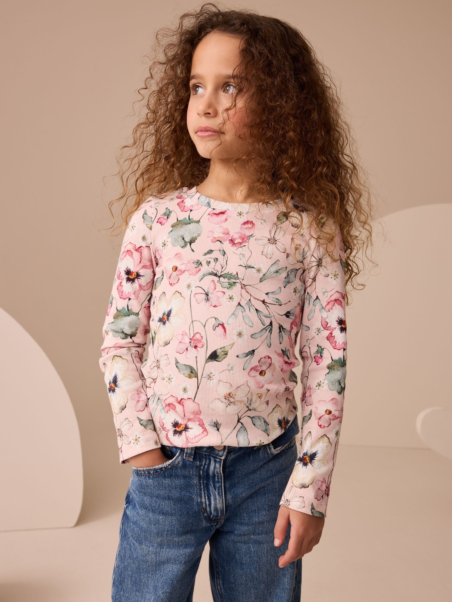 Light Pink Floral Long Sleeve Ribbed Top (3-16yrs)