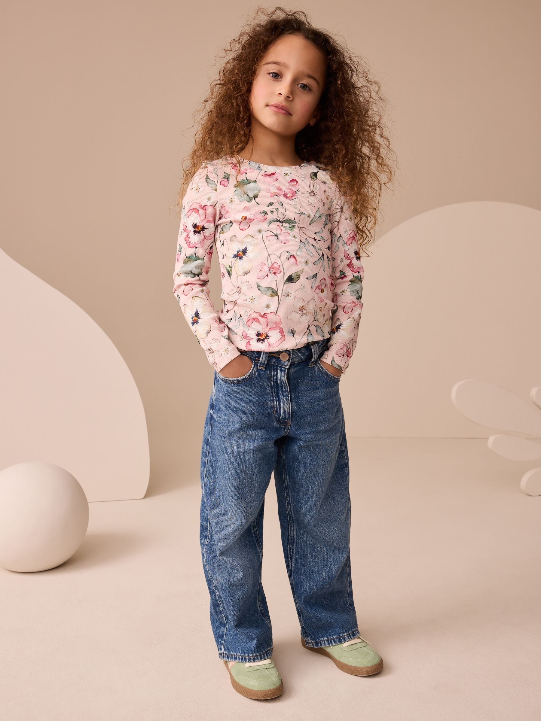 Light Pink Floral Long Sleeve Ribbed Top (3-16yrs)