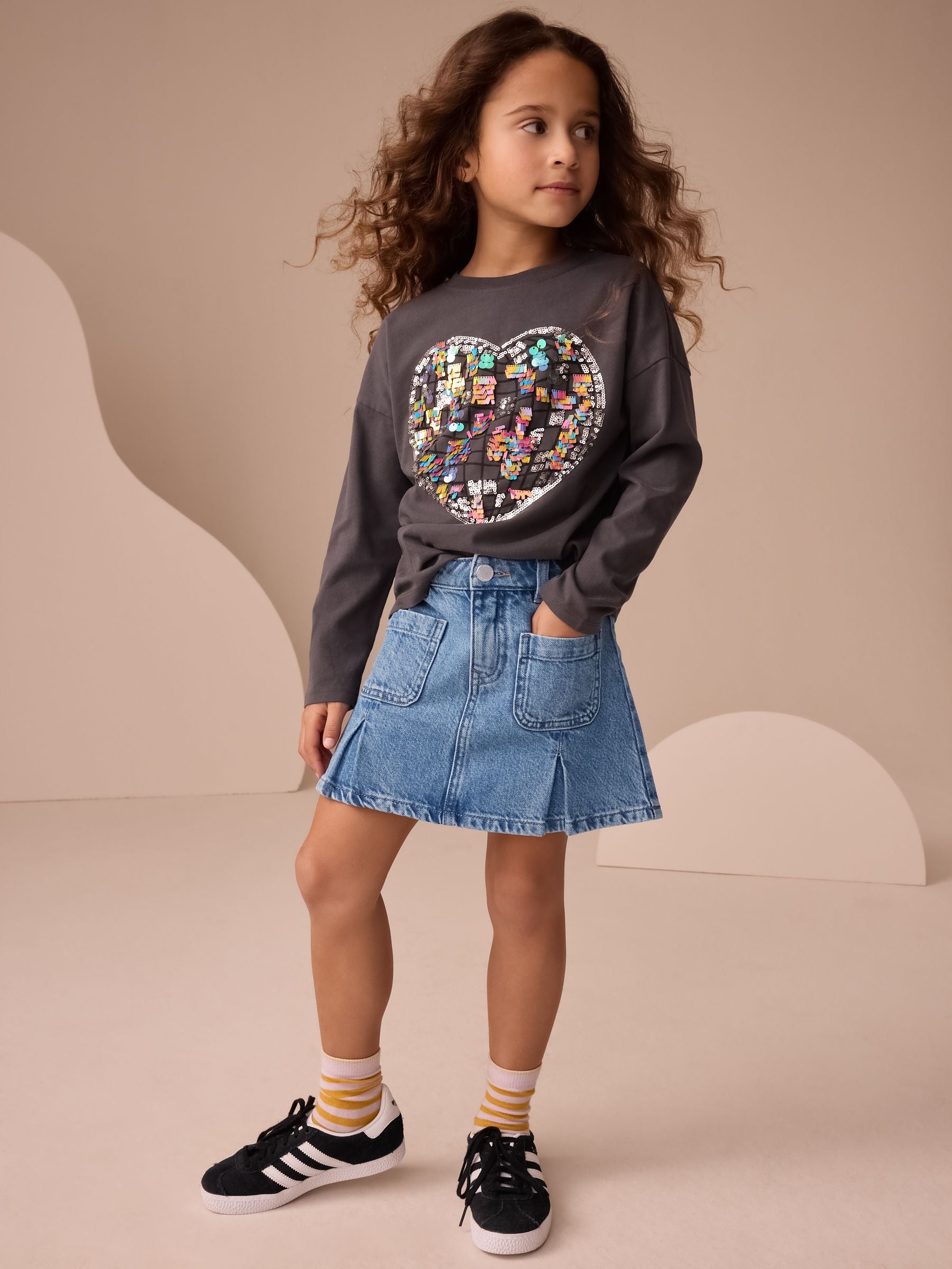 Charcoal Grey Heart Long Sleeve Sequin Top (3-16yrs)