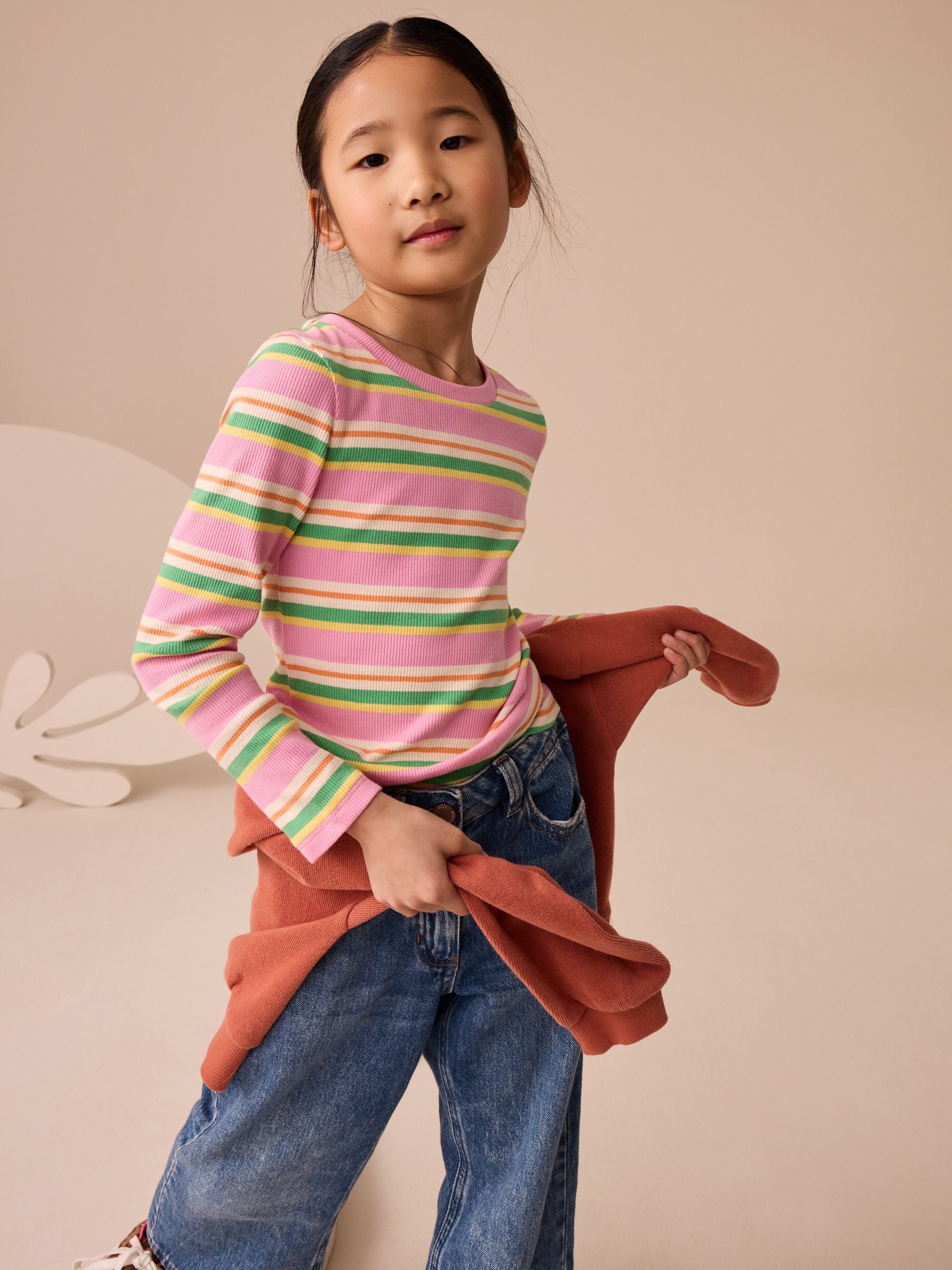 Pink/Orange Long Sleeve Ribbed T-Shirts 4 Pack (3-16yrs)