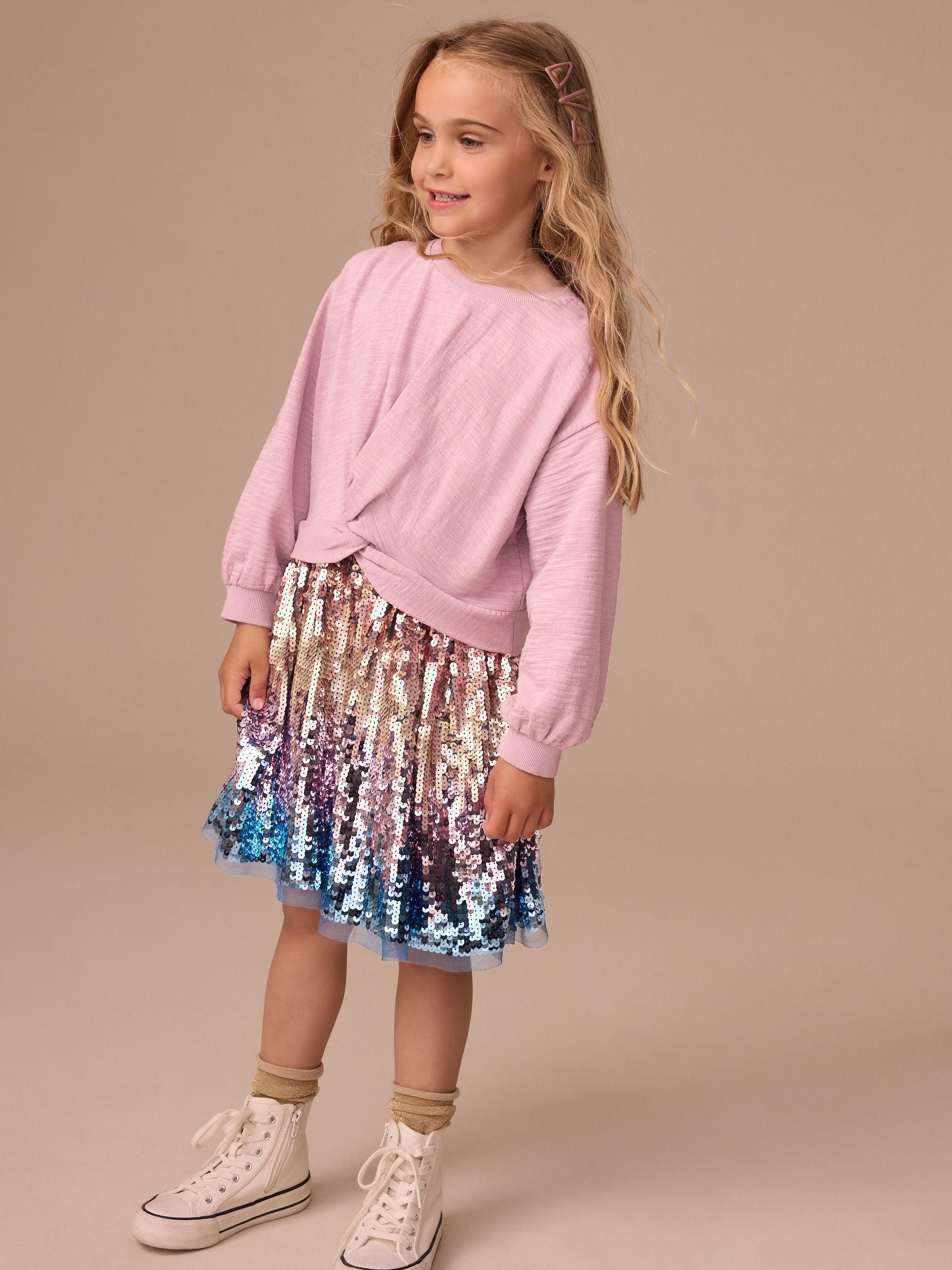 Pink Long Sleeve Sequin Skirt Dress (3-12yrs)