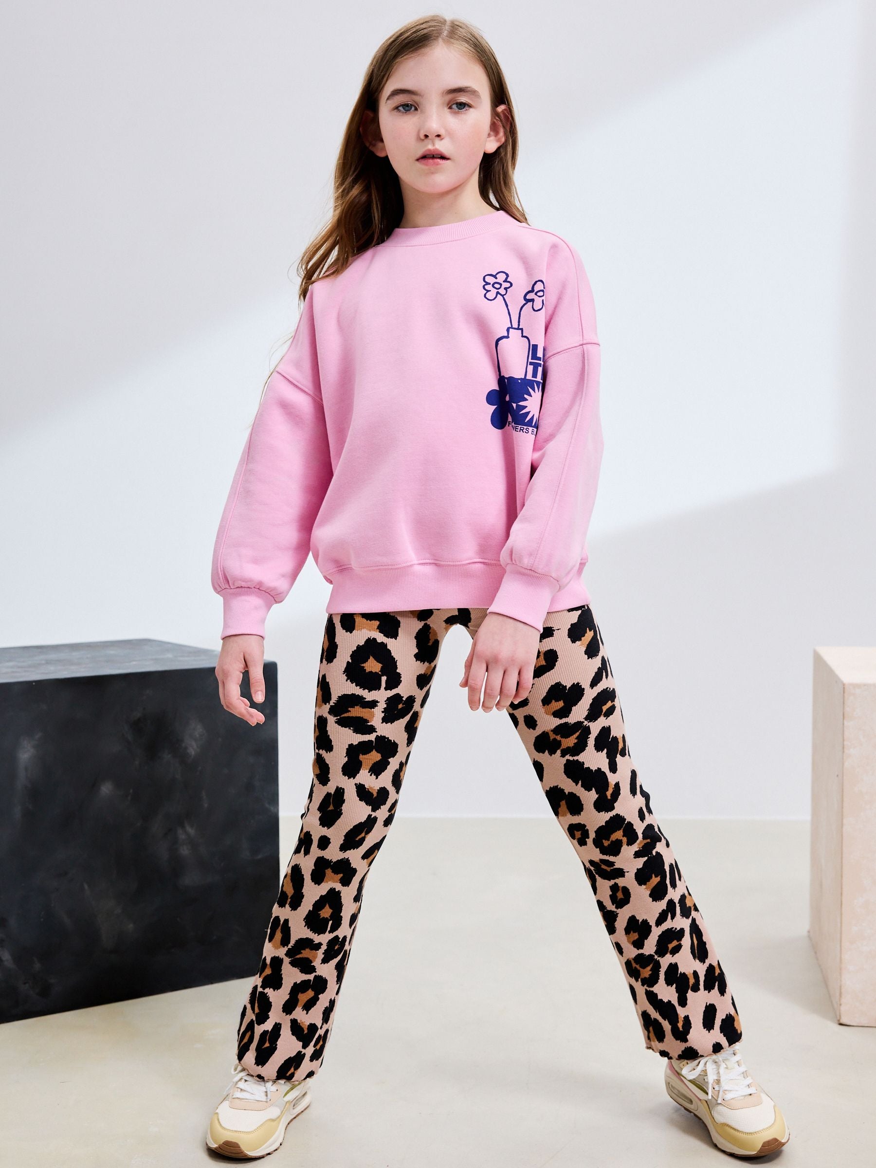 Pink/Animal Sweatshirt and Ribbed Flare Set (3-16yrs)