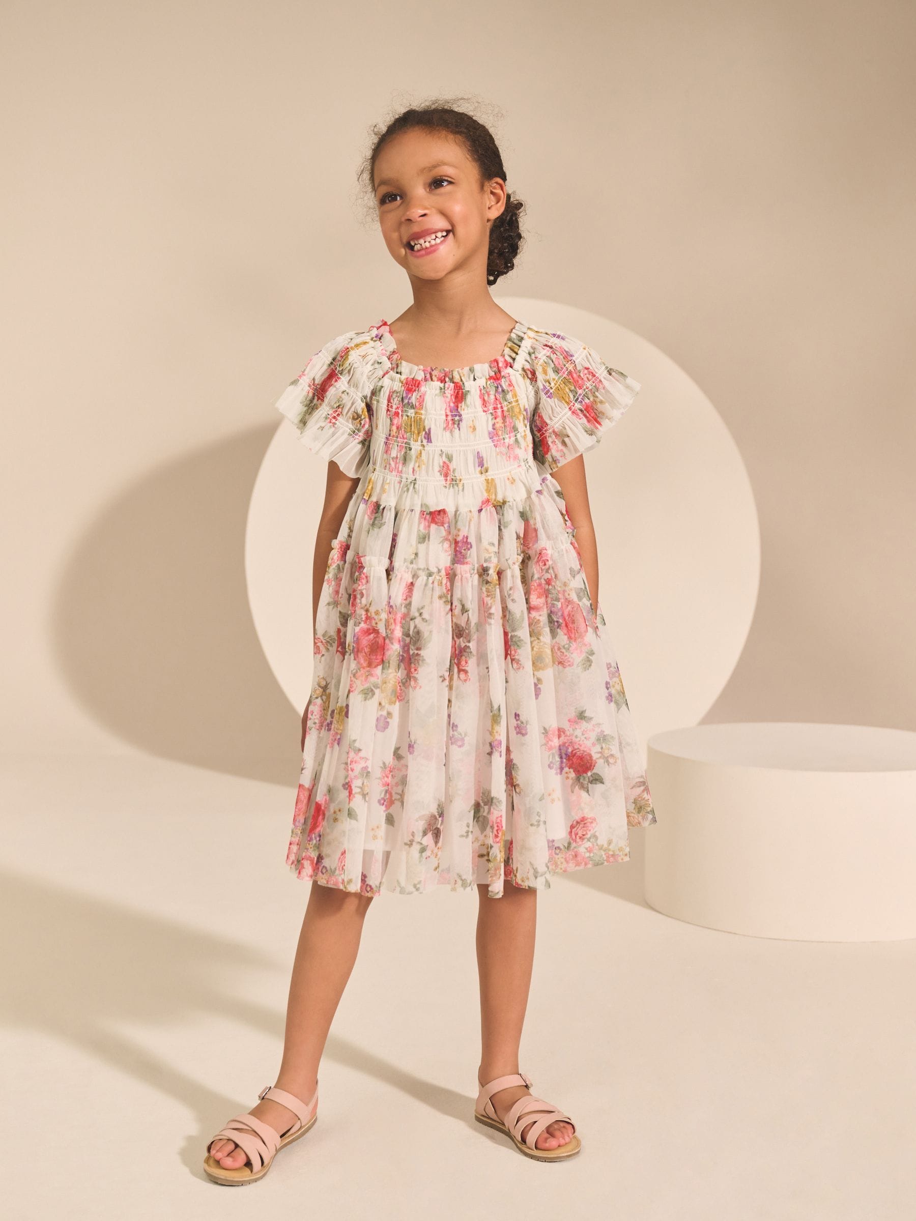 Ecru White Floral Print Ruffle Dress (3-16yrs)