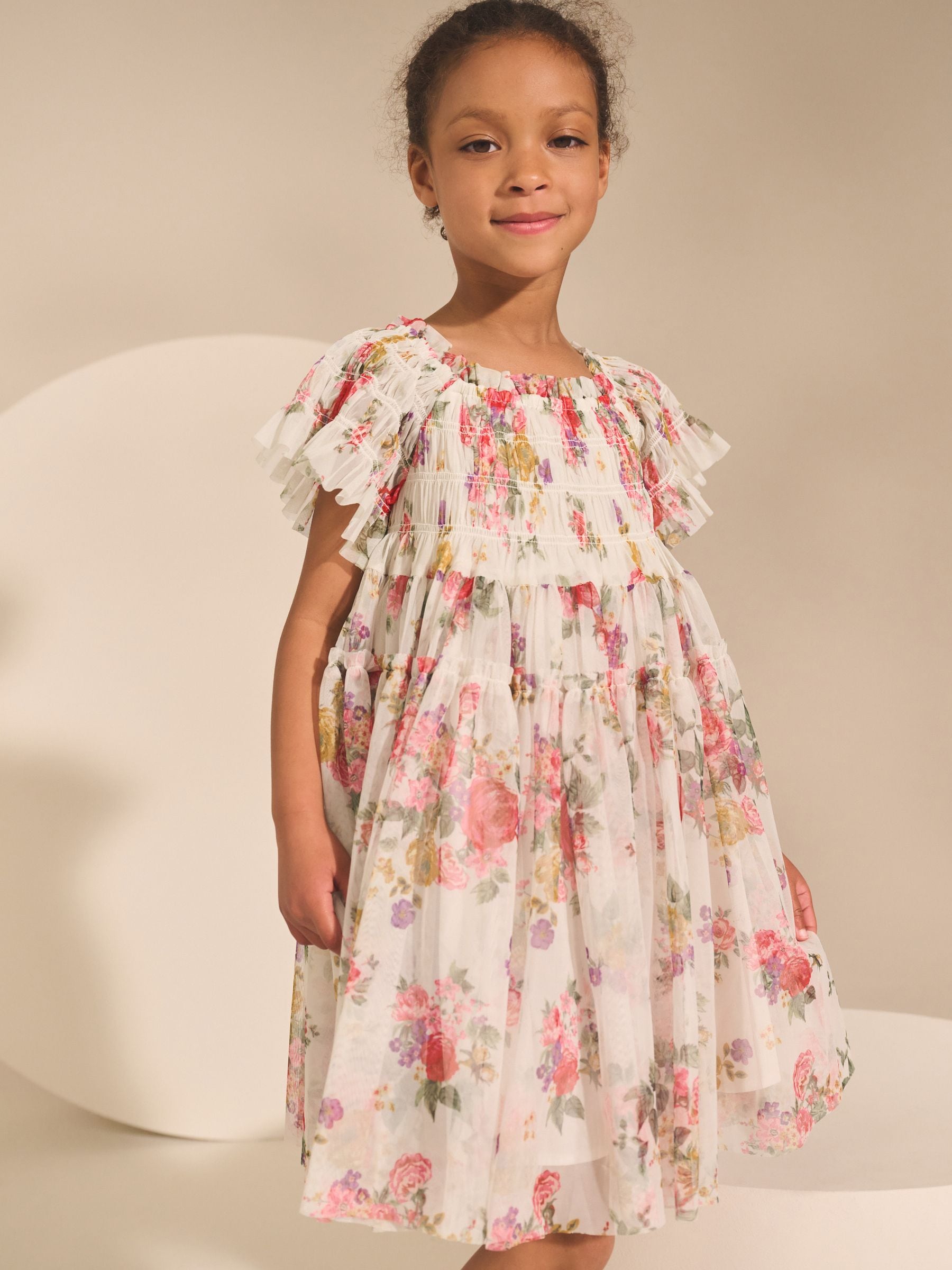 Ecru White Floral Print Ruffle Dress (3-16yrs)