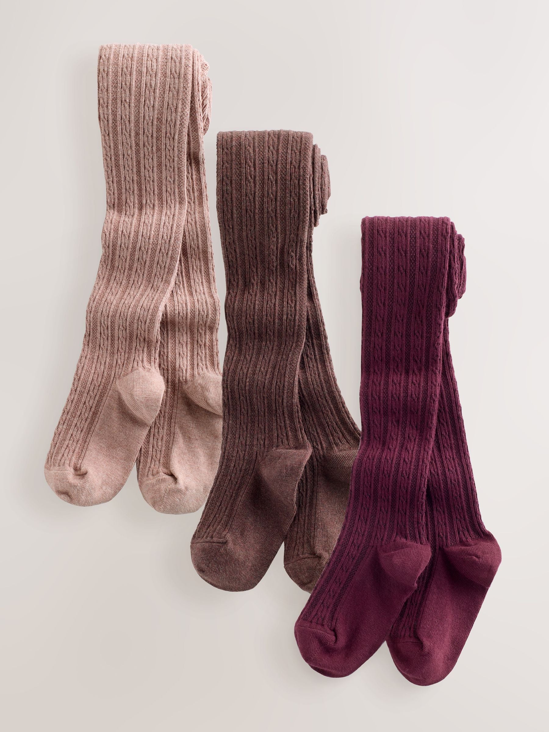 Pink Berry Red and Chocolate Brown 3 Pack Cotton Rich Cable Tights