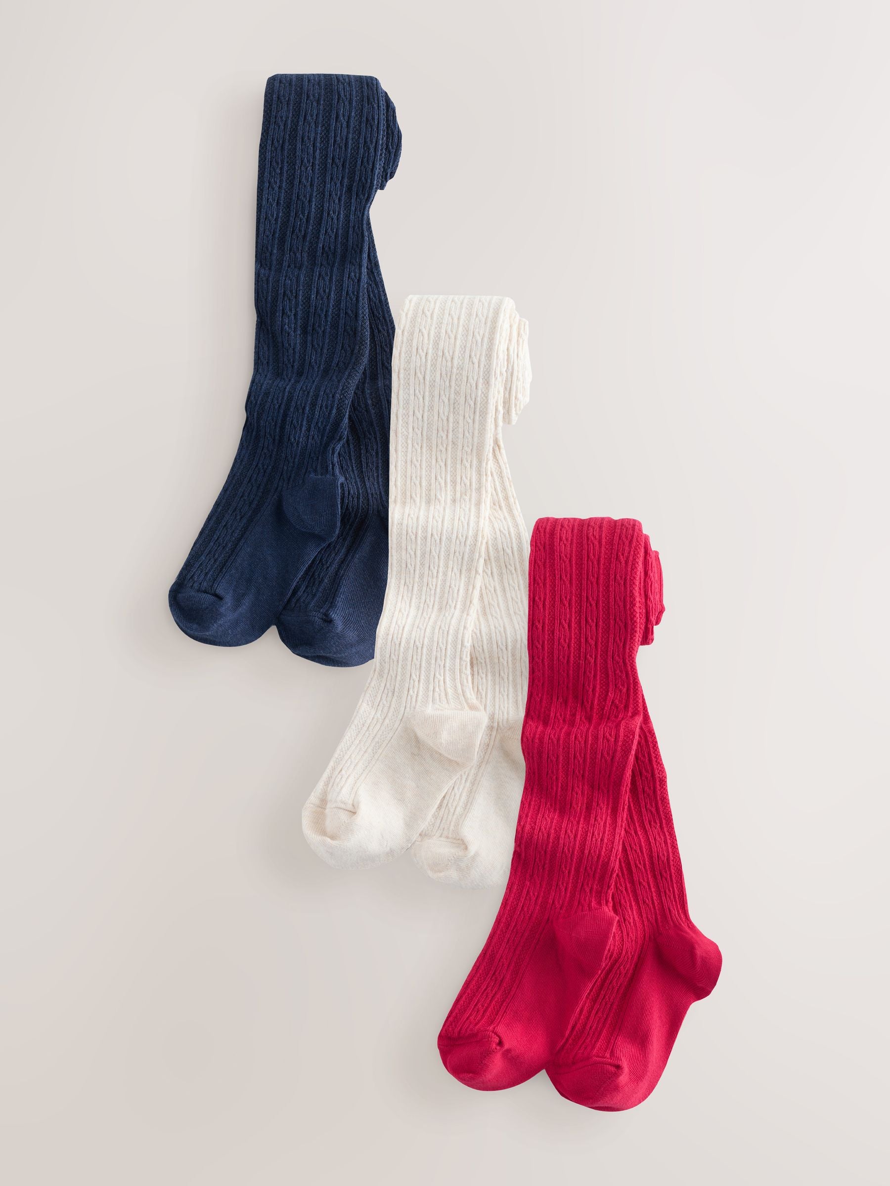 Red Cream and Navy Blue 3 Pack Cotton Rich Cable Tights