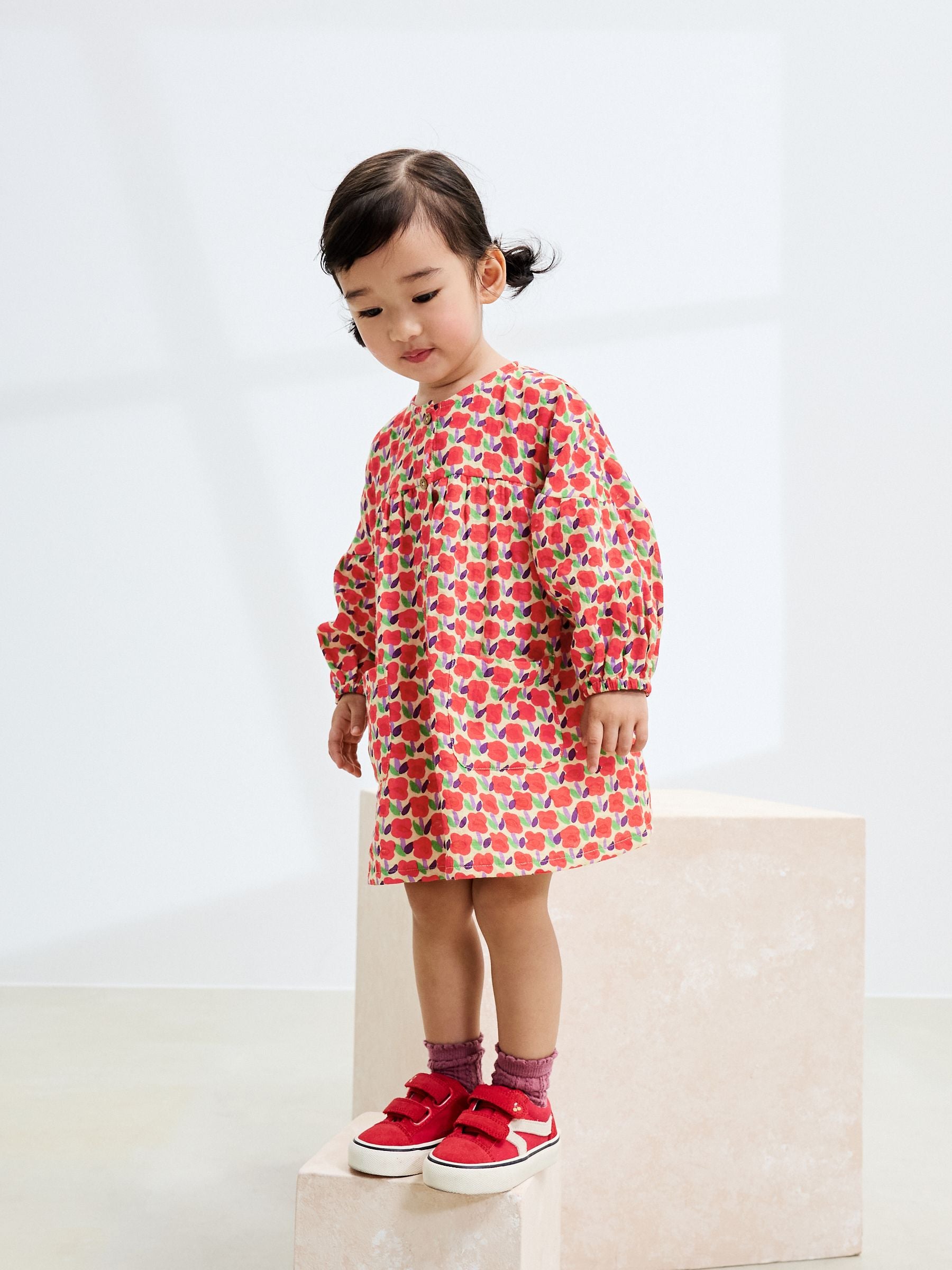 Red Flower Button Up Long Sleeve Dress (3mths-8yrs)