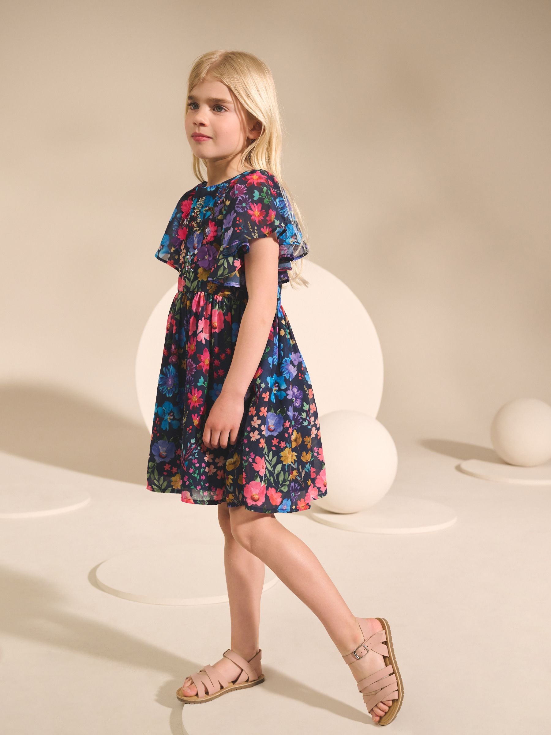 Navy Blue Ditsy Angel Sleeve Embellished Dress (3-16yrs)