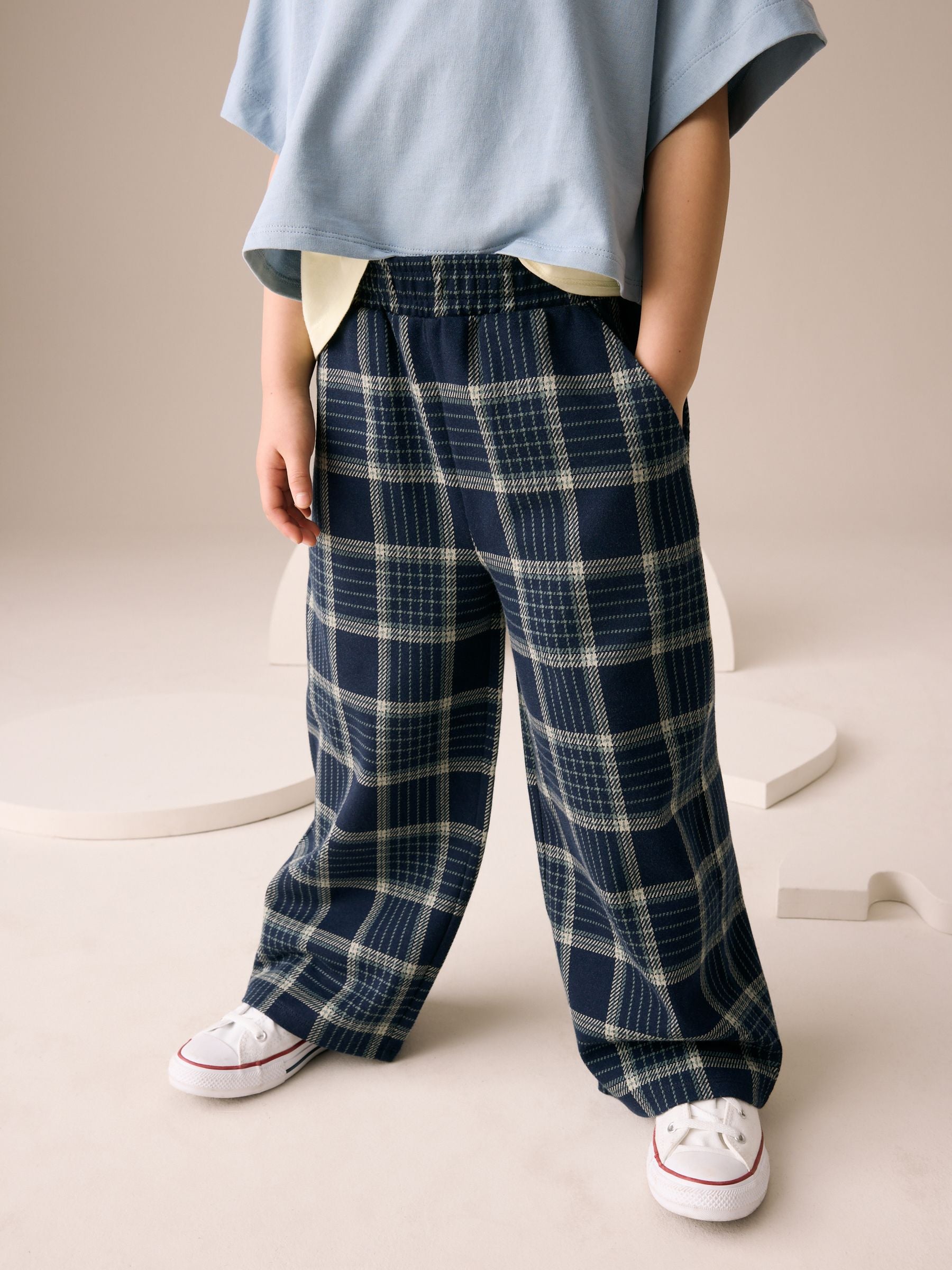 Navy Check Wide Leg Trousers (3-16yrs)
