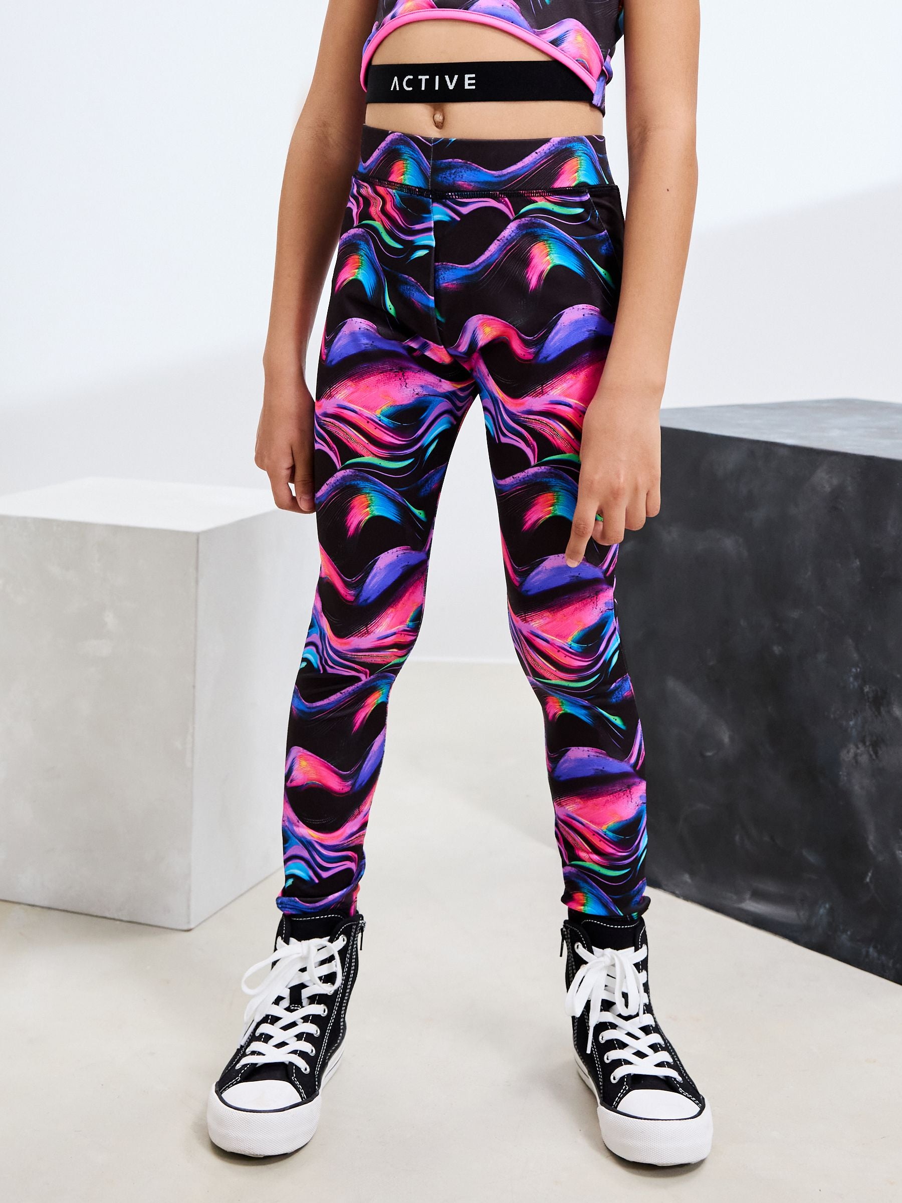 Black Multi Wave Sports Leggings (3-16yrs)