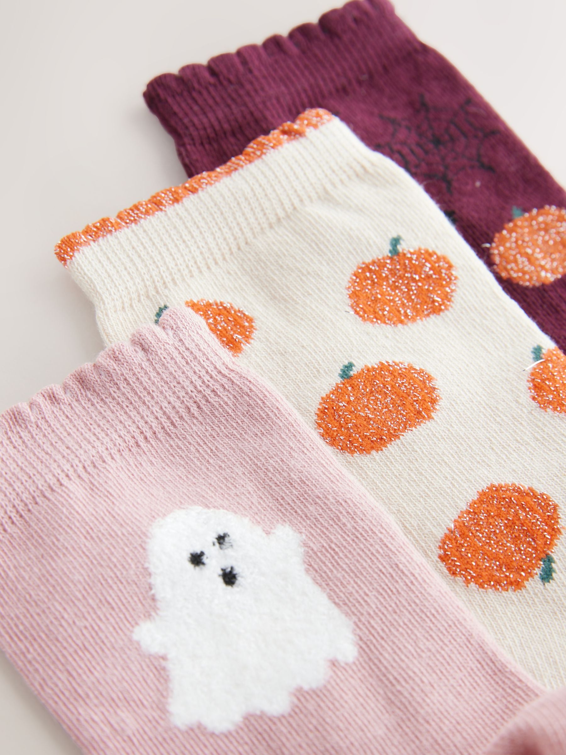 Oatmeal, Pink and Burgundy Halloween 3 Pack Cotton Rich Halloween Ankle Socks