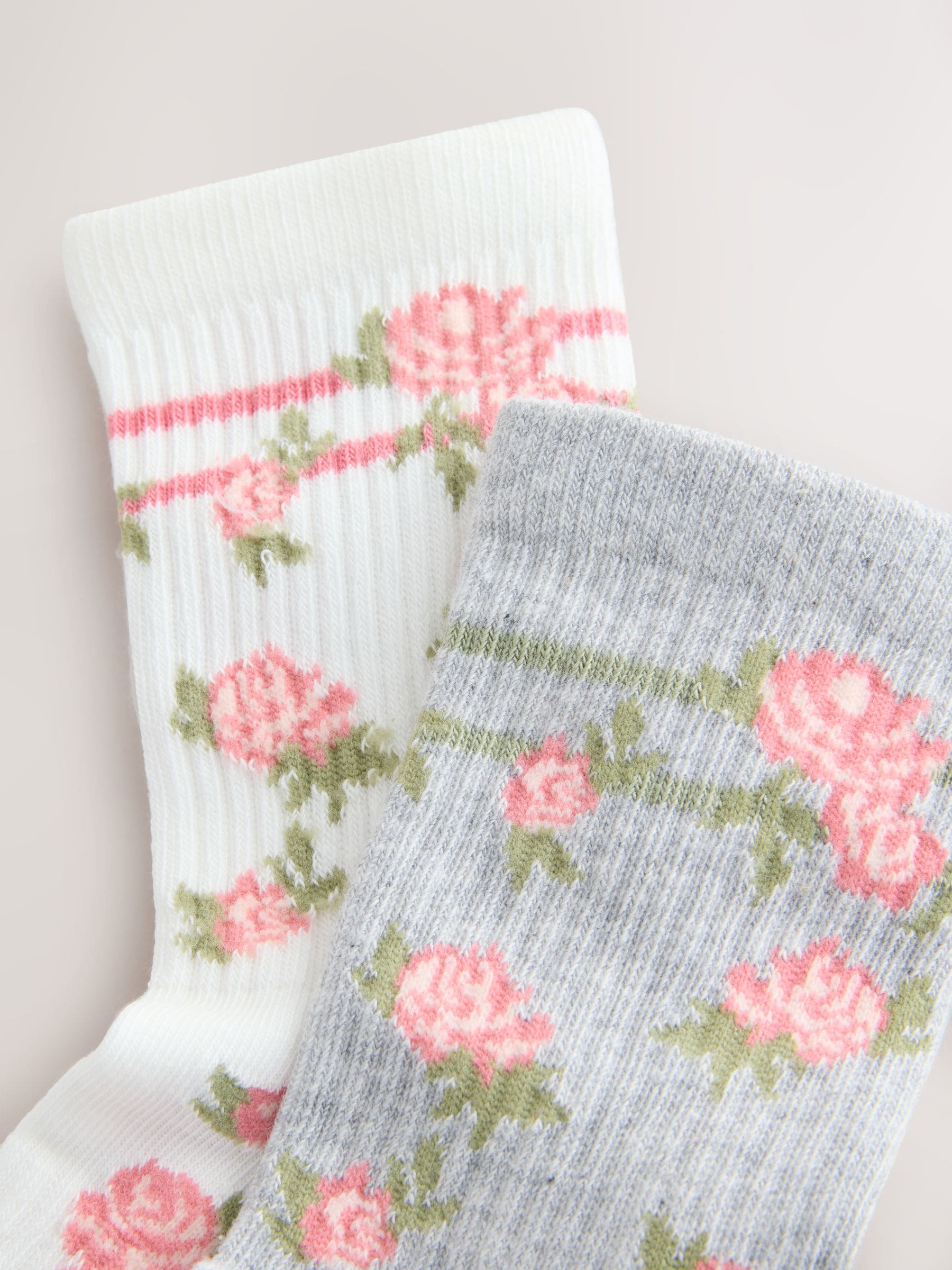 Cream Cotton Rich Cushioned Sole Floral Print Ankle Socks 2 Pack