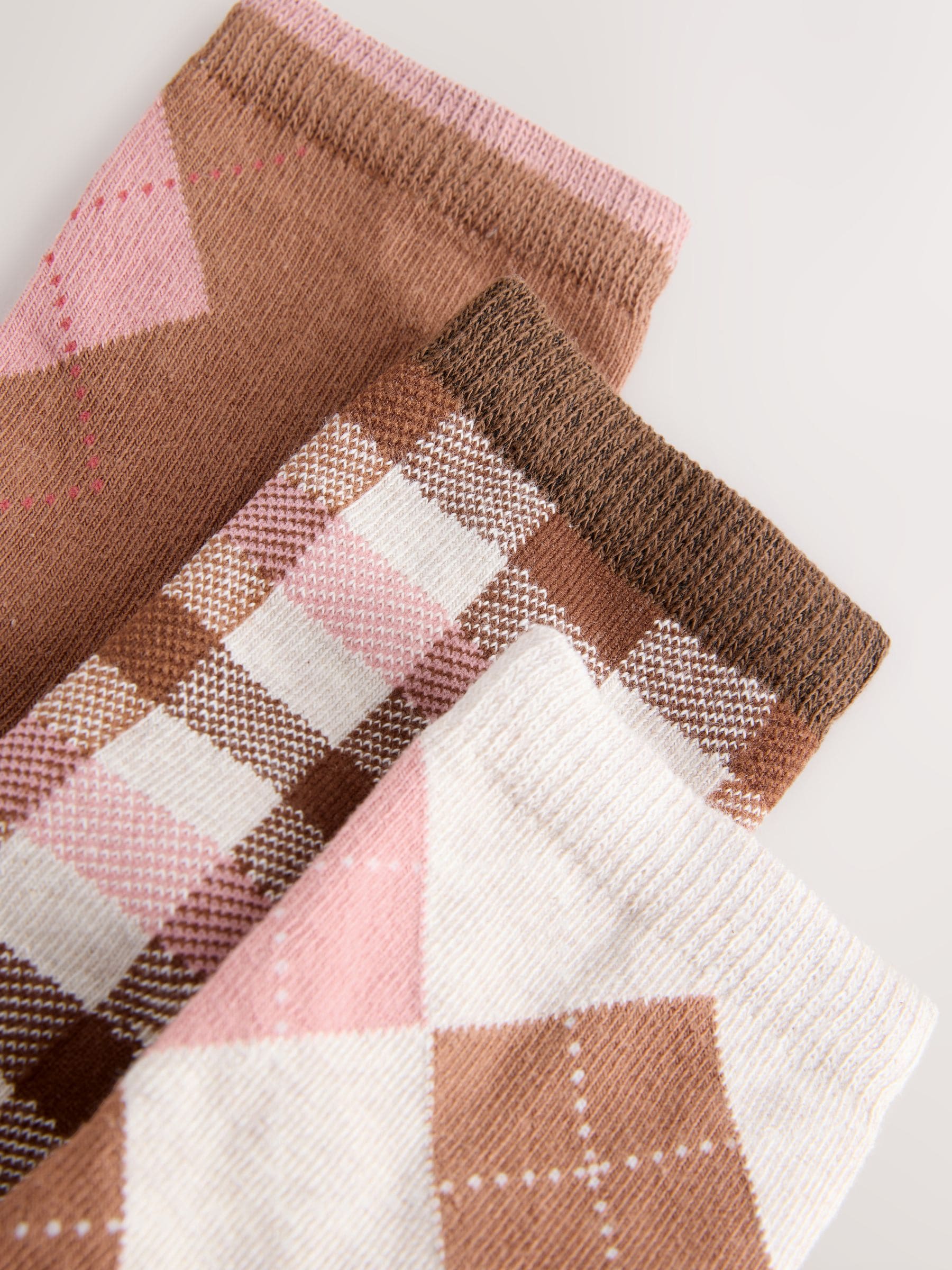 Chocolate Brown and Oatmeal Cotton Rich Argyle Ankle Socks 3 Pack