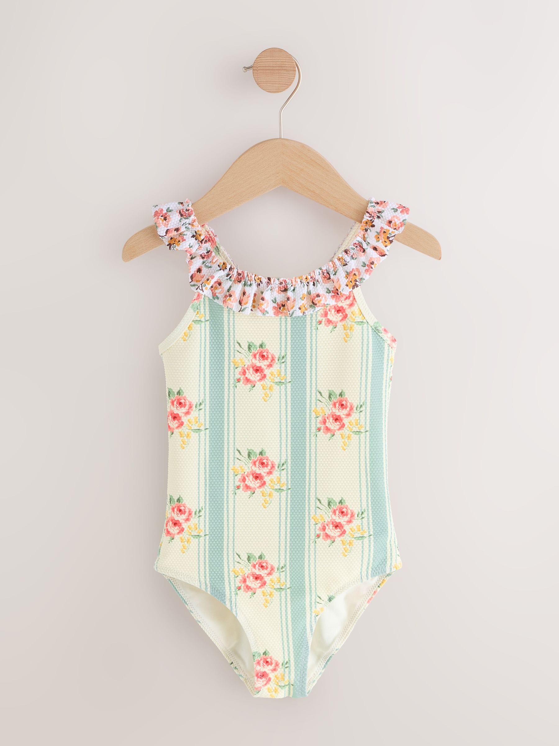 Blue Floral Stripe Frill Swimsuit (3-16yrs)