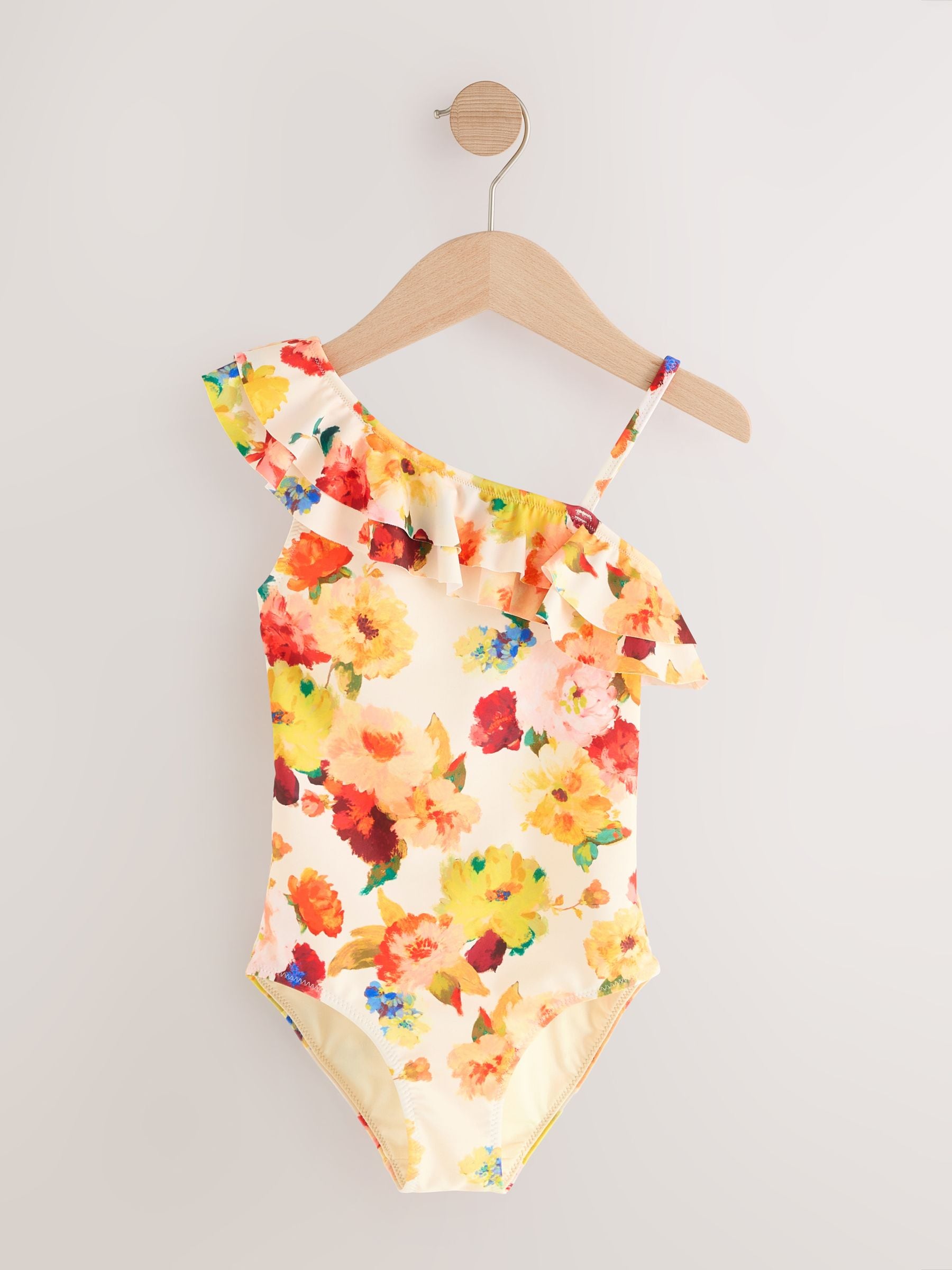 Pink/Cream Floral Frill One Shoulder Ruffle Swimsuit (3-16yrs)