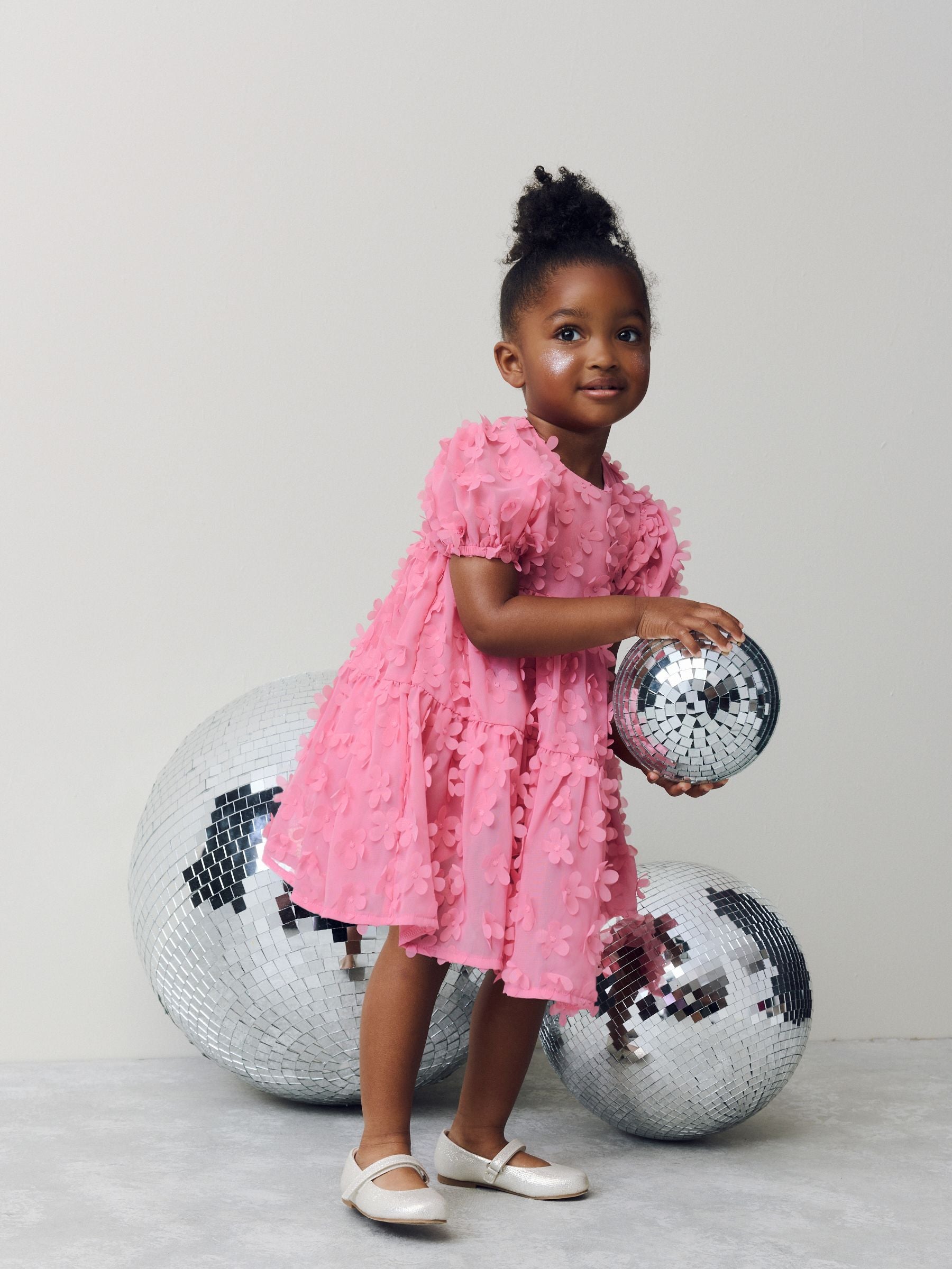 Pink Short Sleeve 3D Flowers Dress (3mths-8yrs)
