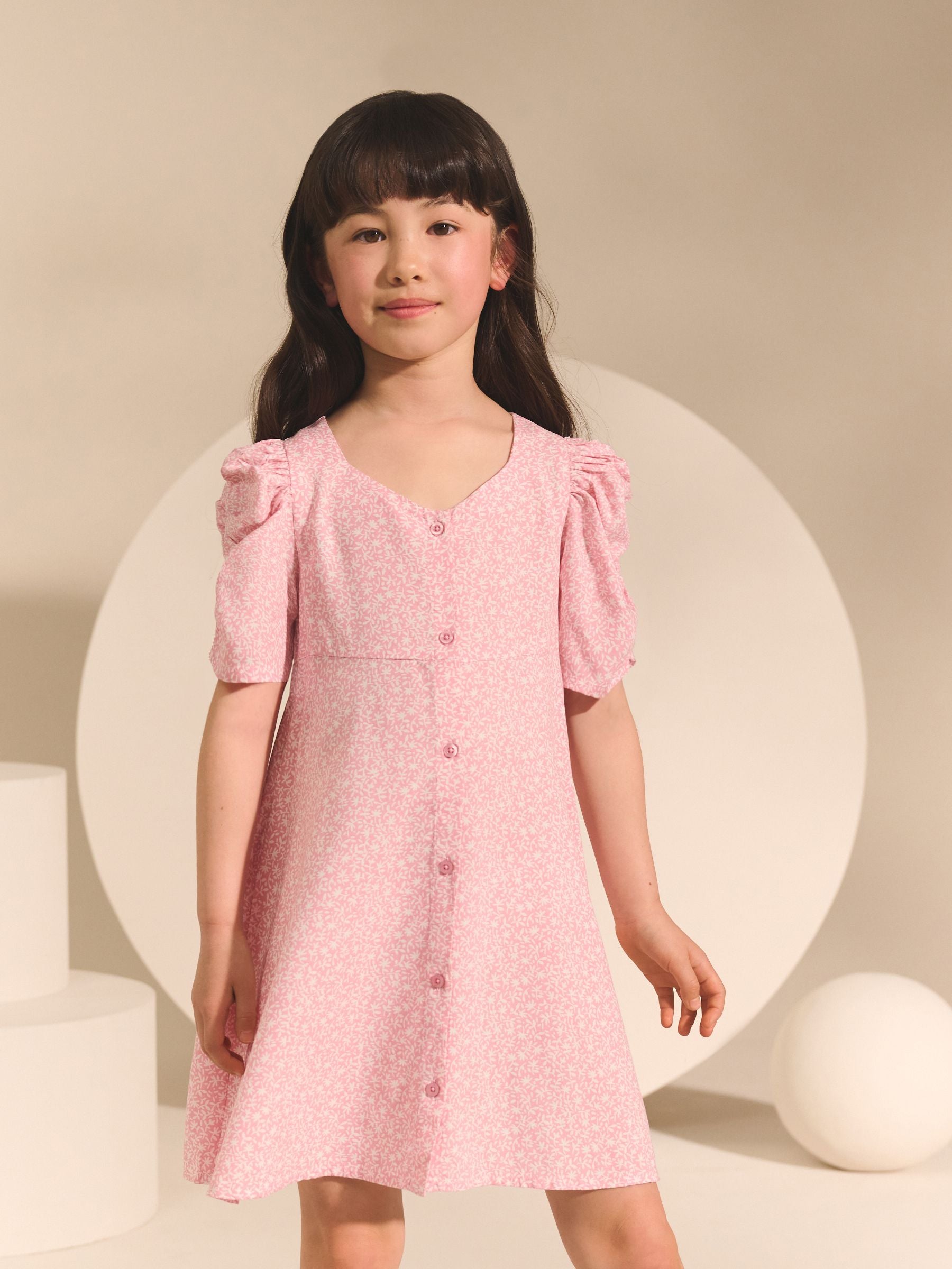 Pink Ditsy Shirred Sleeve Dress (3-16yrs)
