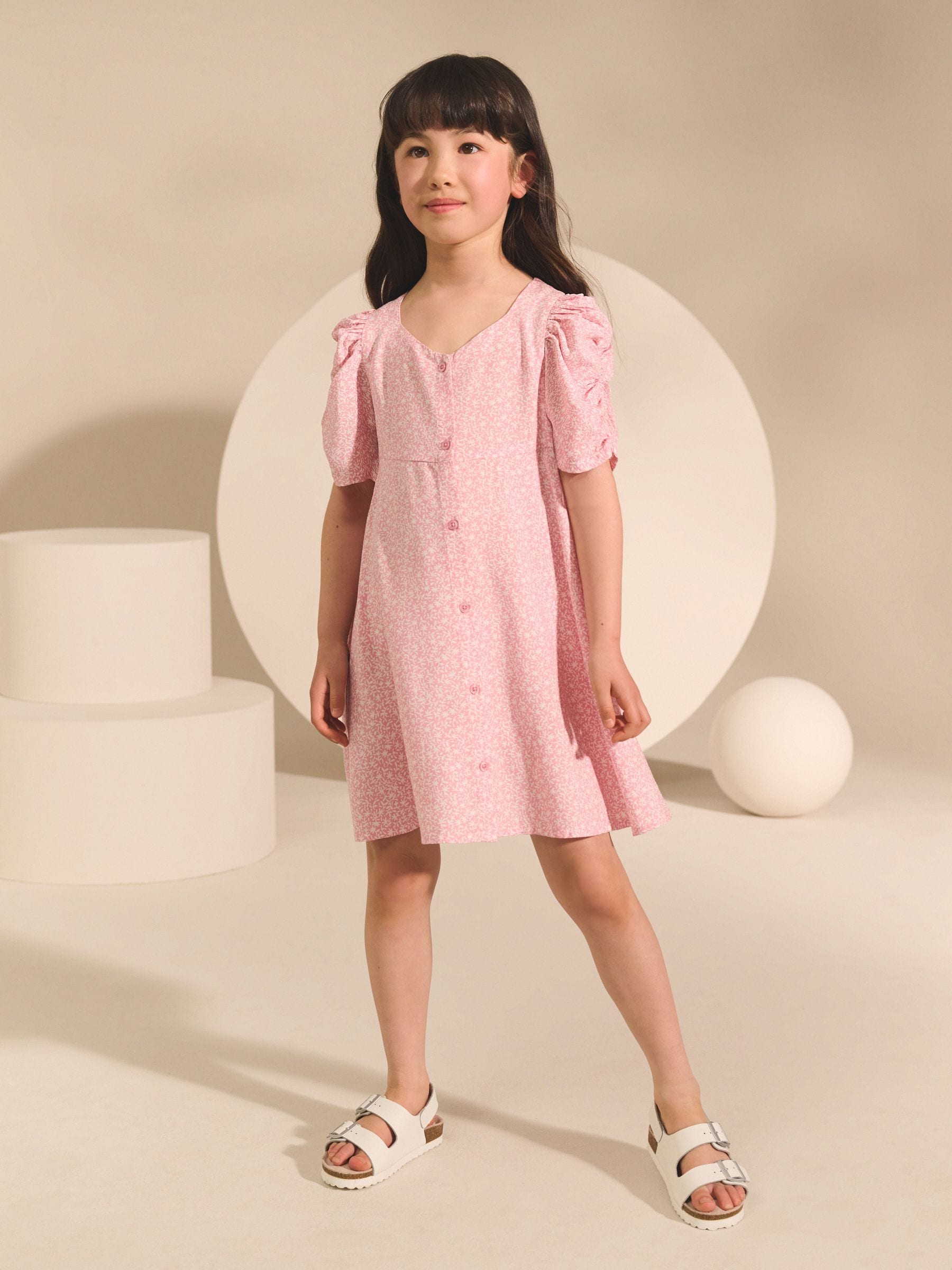 Pink Ditsy Shirred Sleeve Dress (3-16yrs)
