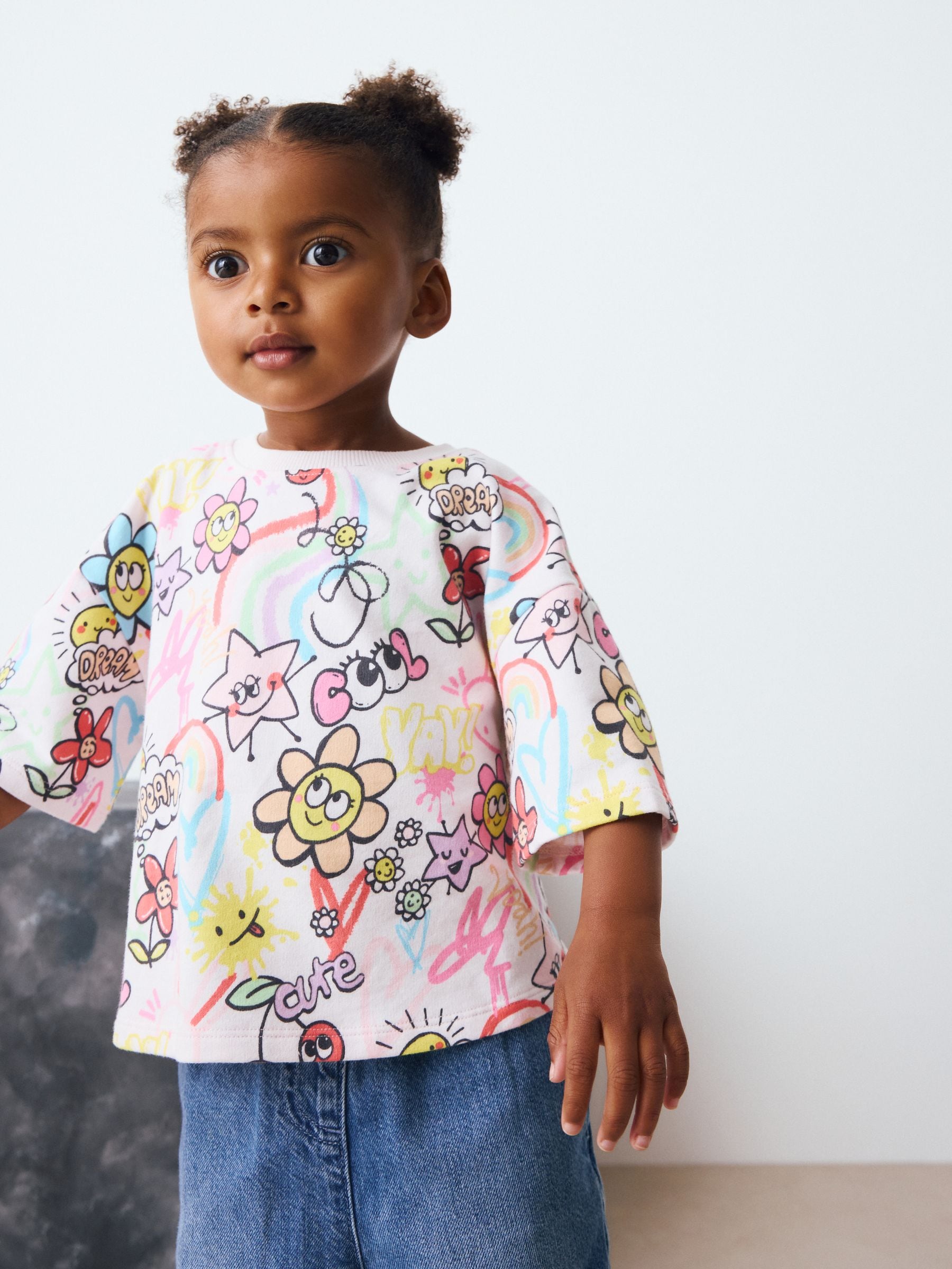 White Doodle Print Girls Short Sleeve T-Shirt (3mths-7yrs)